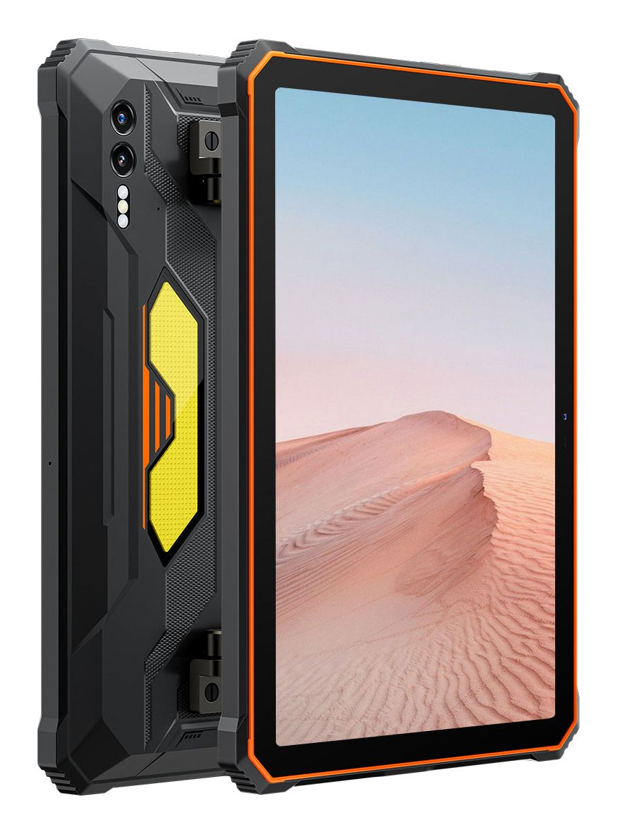 Ein robustes, schwarzes Tablet mit orangefarbenen Akzenten und einer zweifachen Rückkamera zeigt ein Wüstenbild.