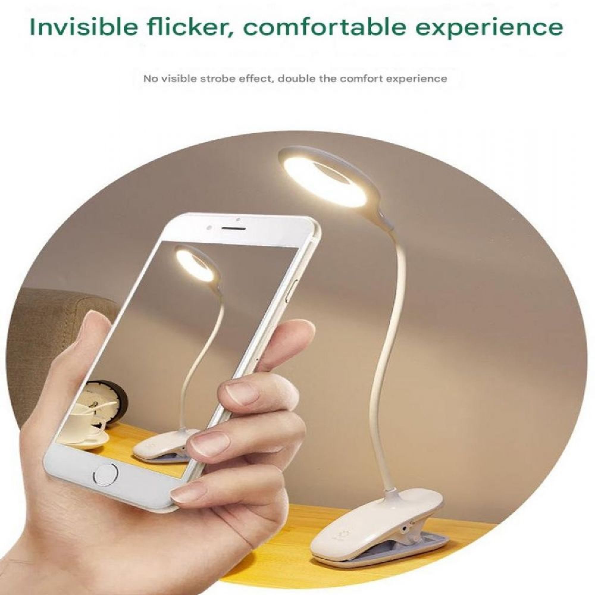 Handy zeigt LED-Schreibtischlampe ohne Flimmern auf dem Bildschirm.