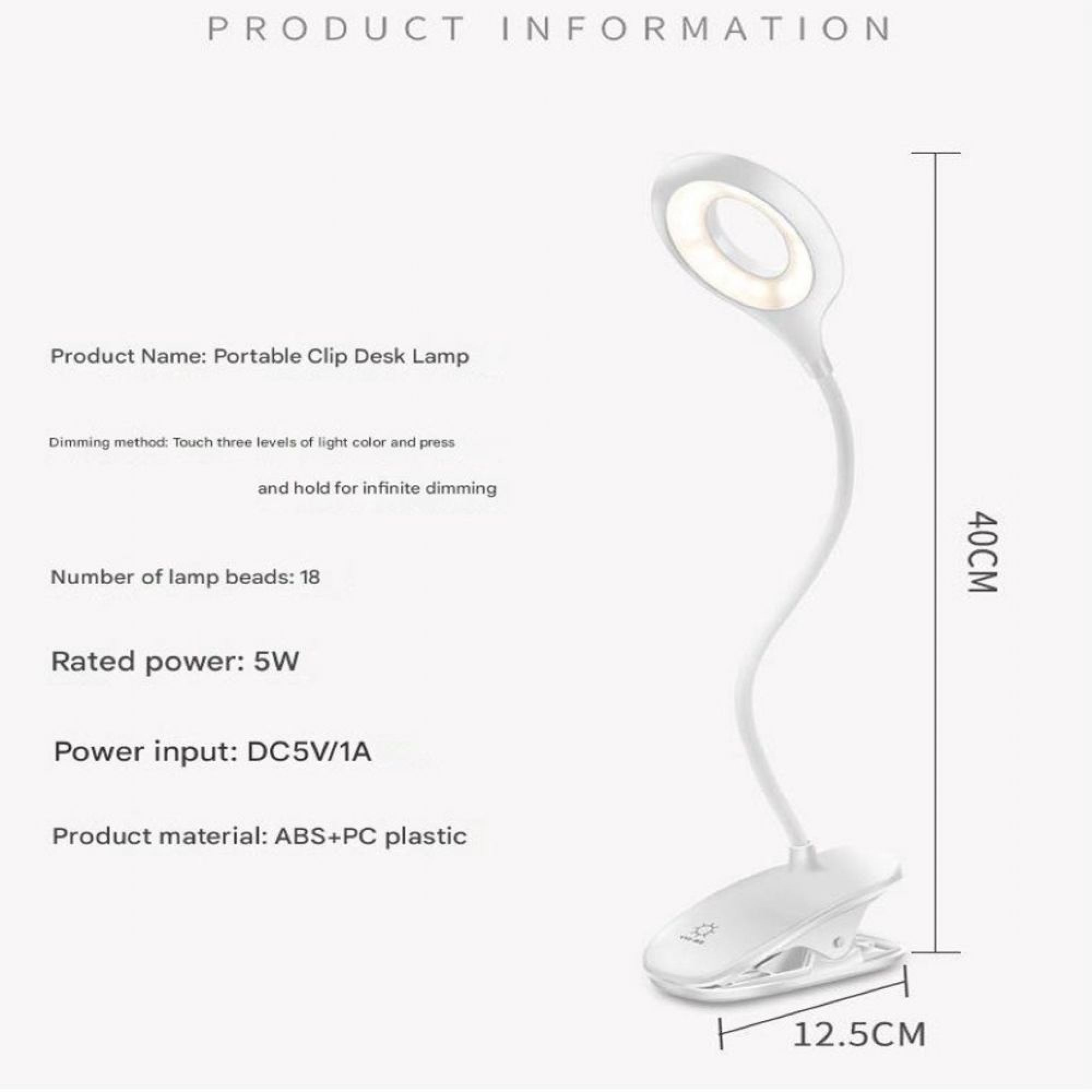 Technische Zeichnung einer weißen LED-Klemmlampe mit Produktinformationen und Maßen von 40 cm und 12,5 cm.