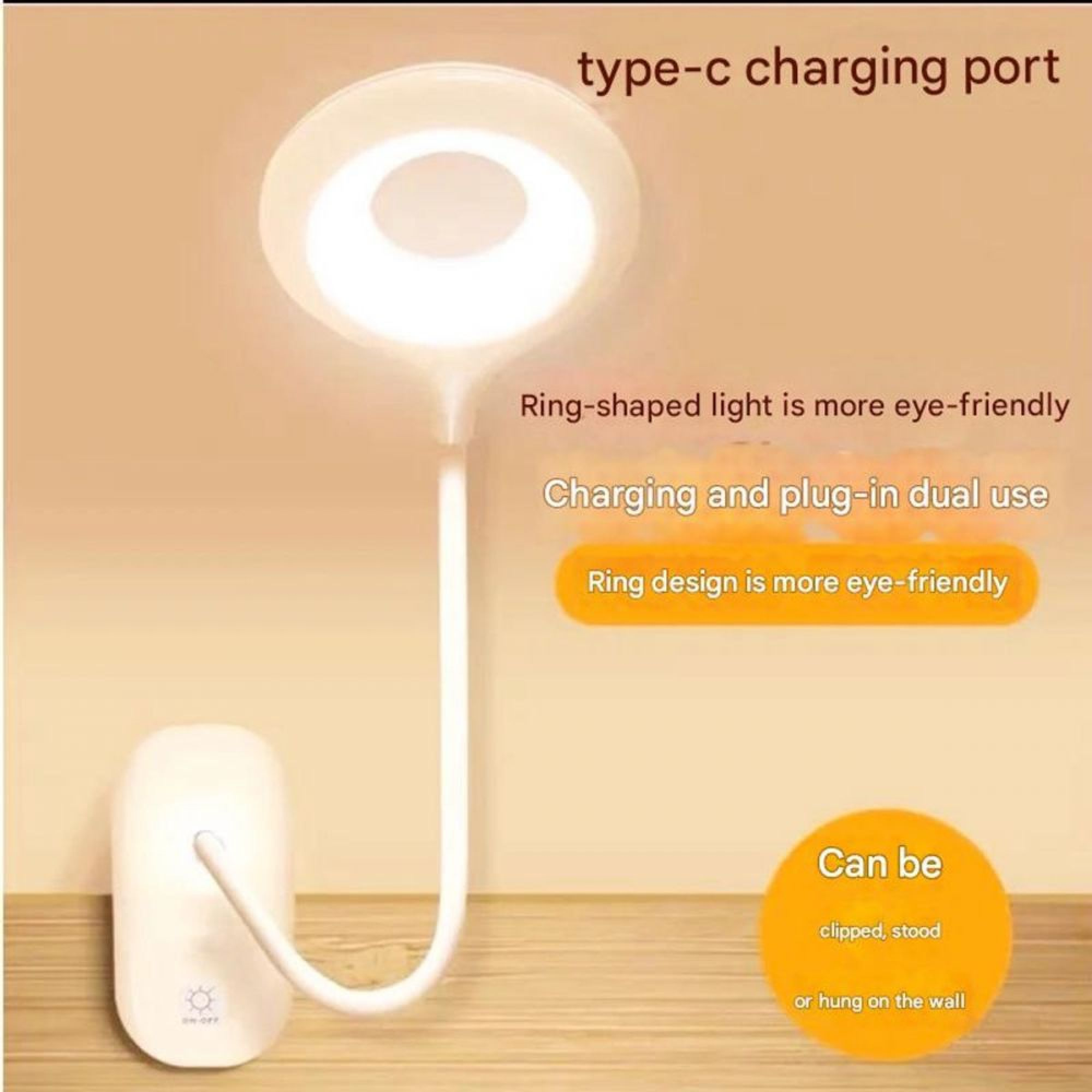 Eine weiße Schreibtischlampe mit Ringlicht und flexiblem Arm auf einem Holzregal, mit Textoverlays über die Funktionen.
