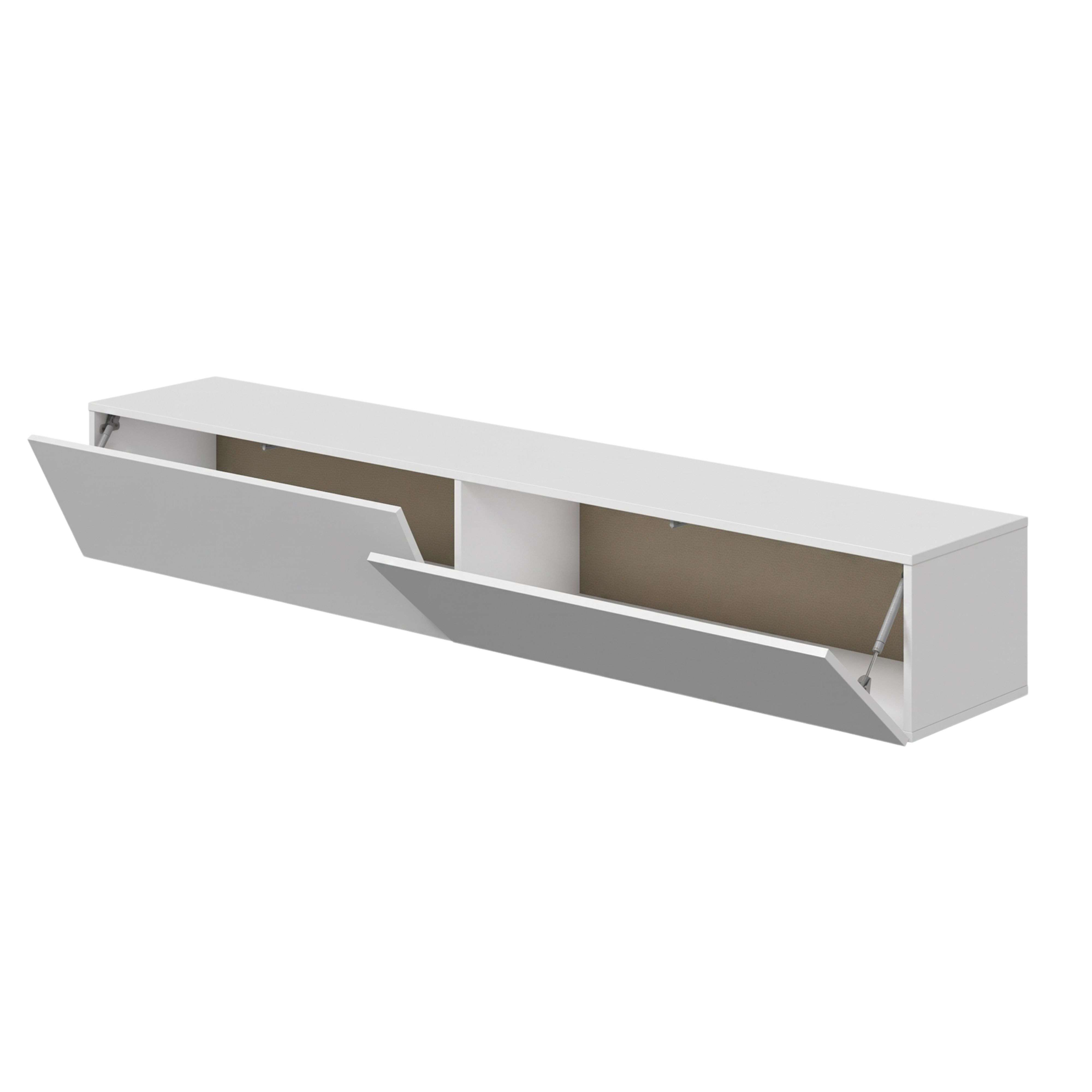 Un armario de pared blanco y largo con dos puertas abatibles abiertas sobre fondo blanco.