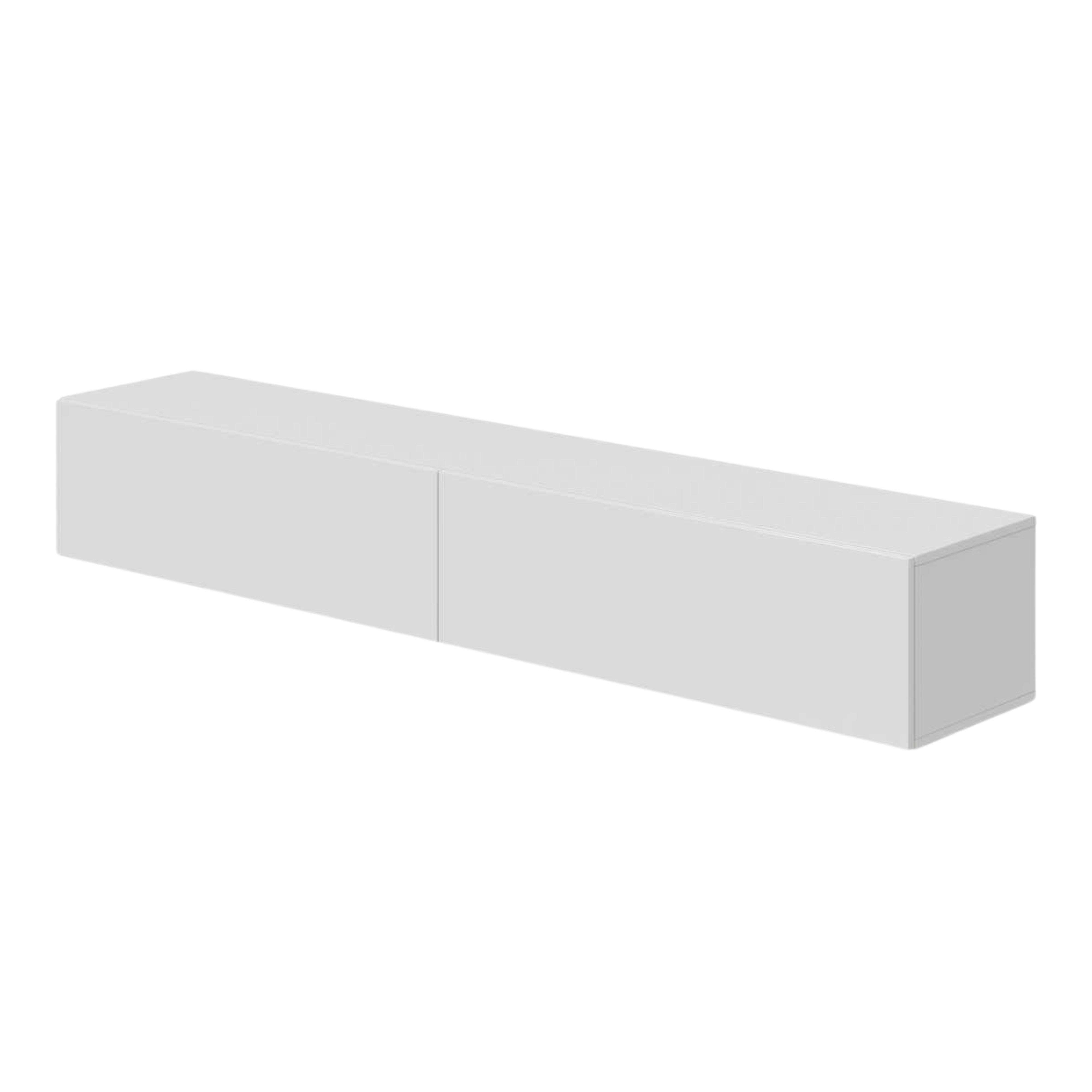 Un armario de pared largo y blanco con dos cajones sobre fondo blanco.