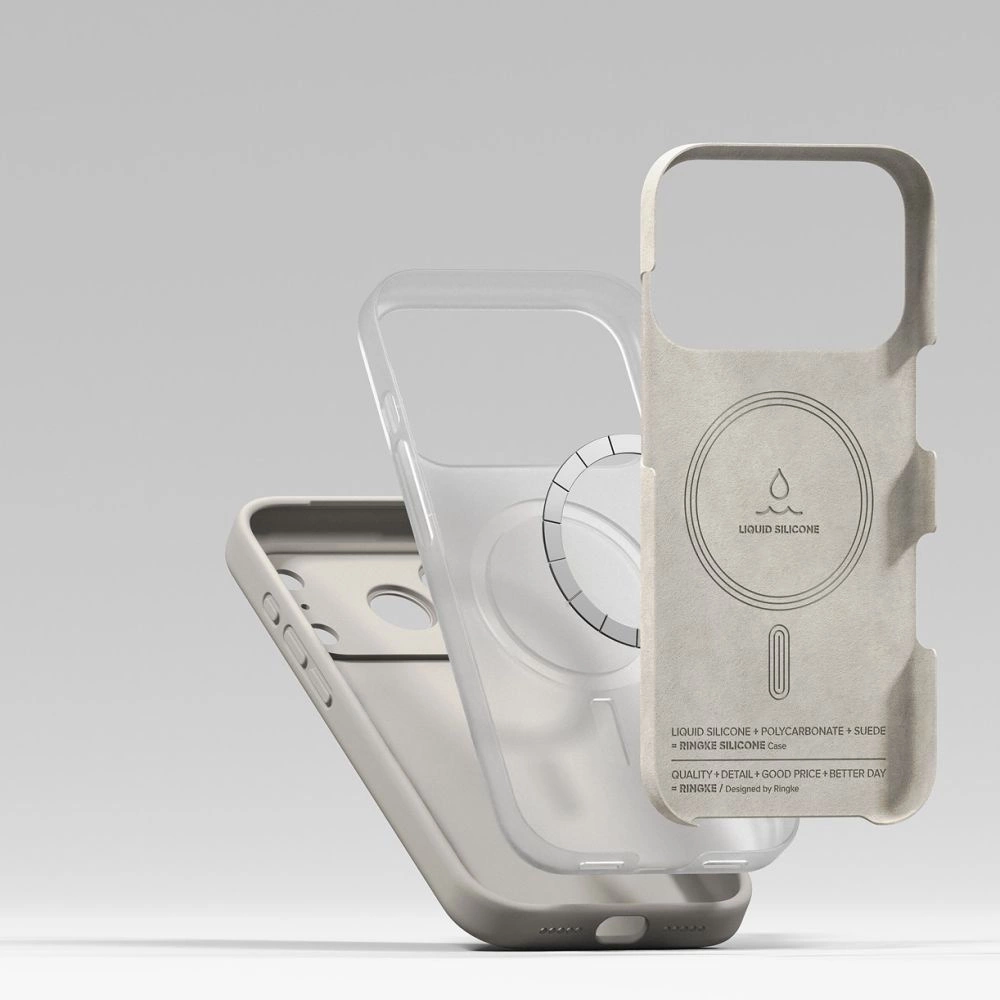 Drei geschichtete Schichten einer grauen iPhone-Hülle zeigen Materialdetails wie flüssiges Silikon und Mikrofaser.