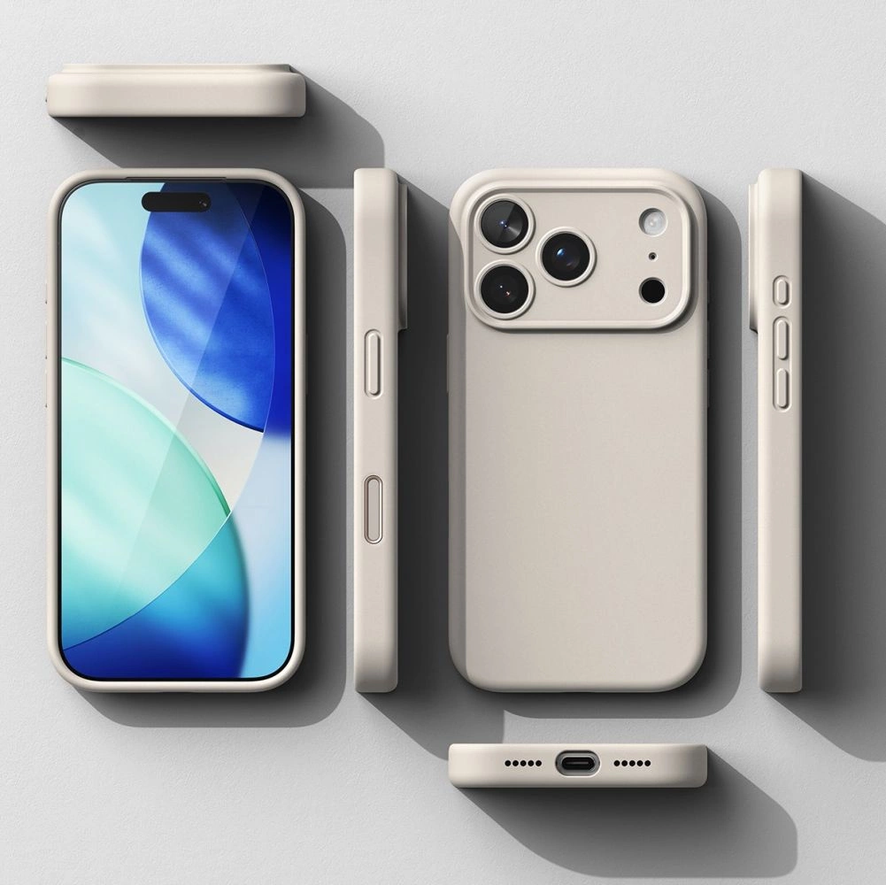 Verschiedene Ansichten einer hellen Smartphone-Hülle mit einem Handy auf einem neutralen Hintergrund.