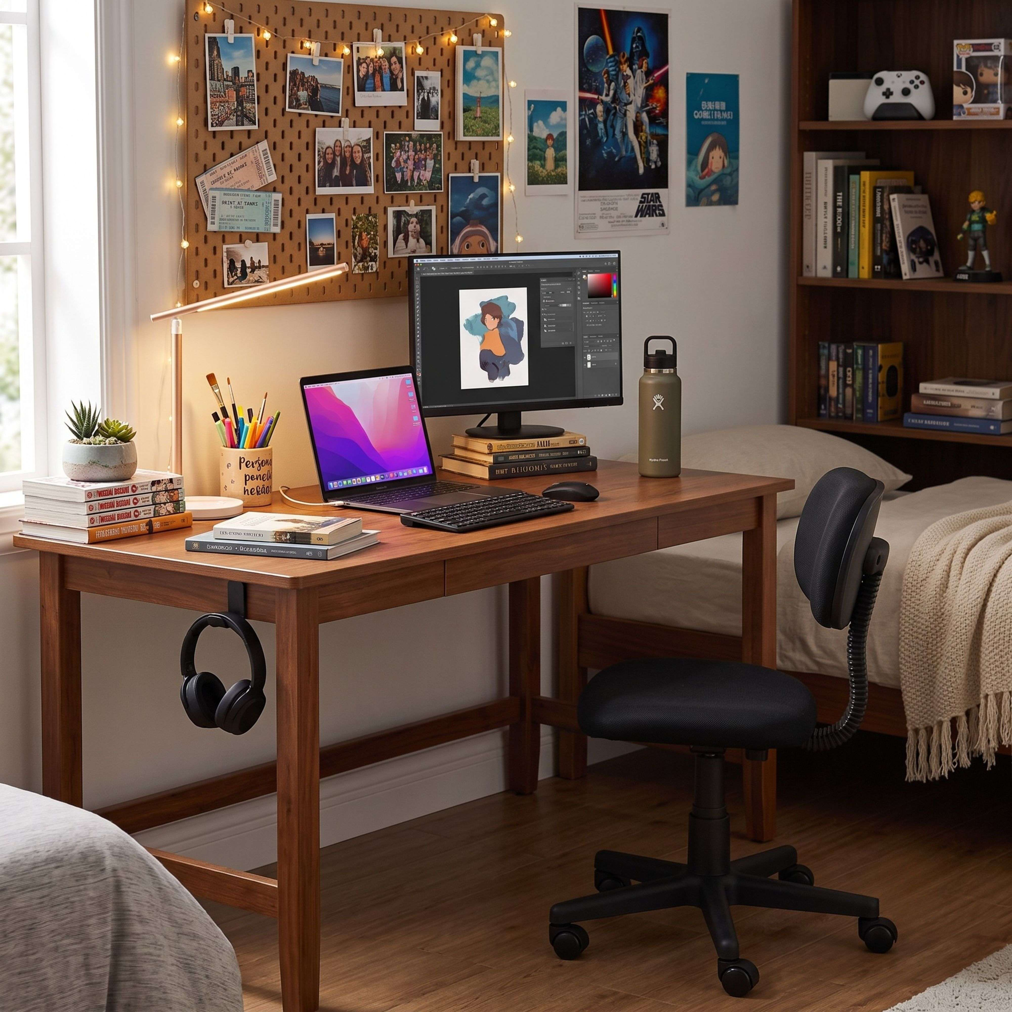 Un escritorio ordenado con portátil, monitor, silla y tablero de fotos frente a una estantería.