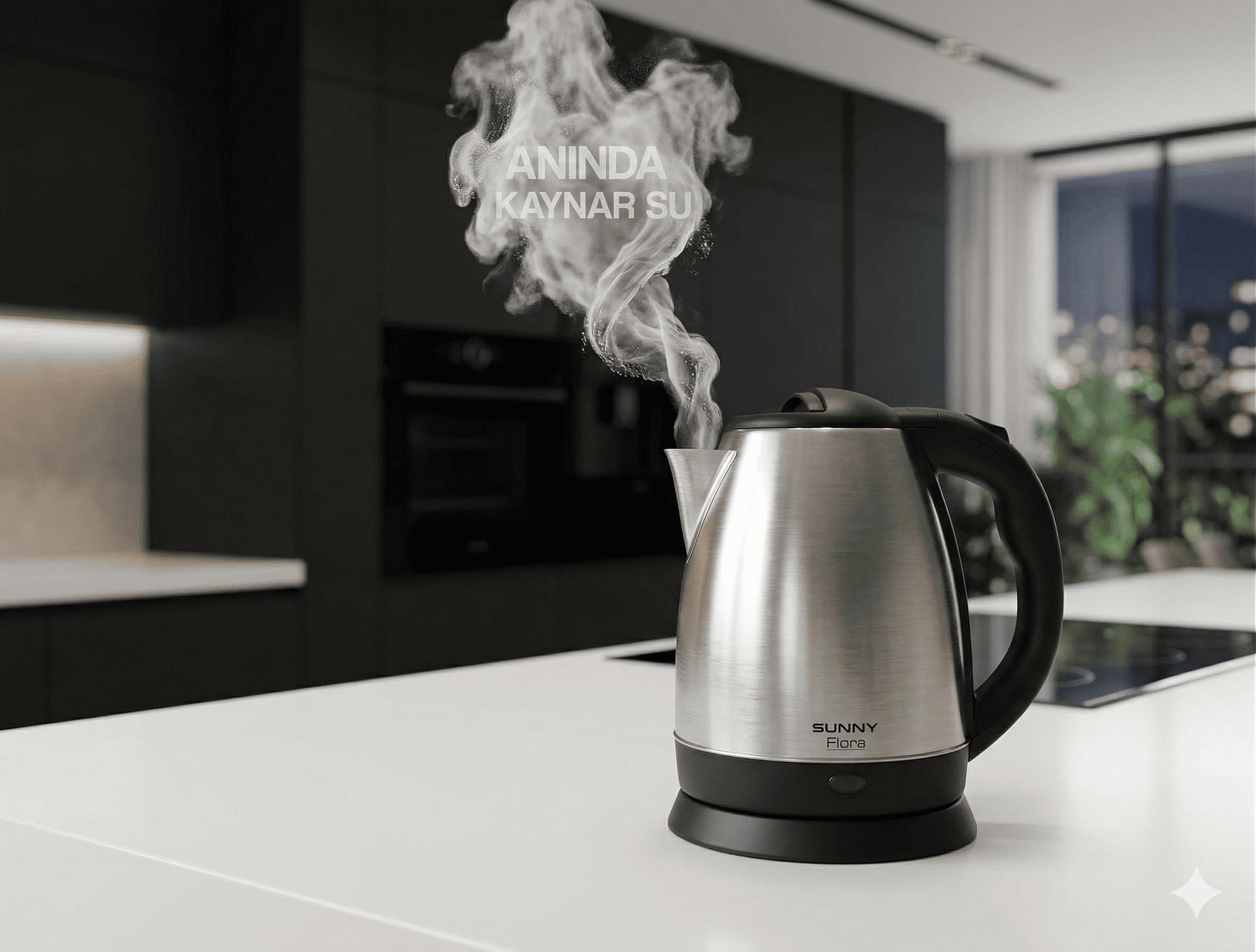Beyaz tezgah üzerindeki siyah kulplu metal çaydanlık yoğun buhar çıkarıyor.