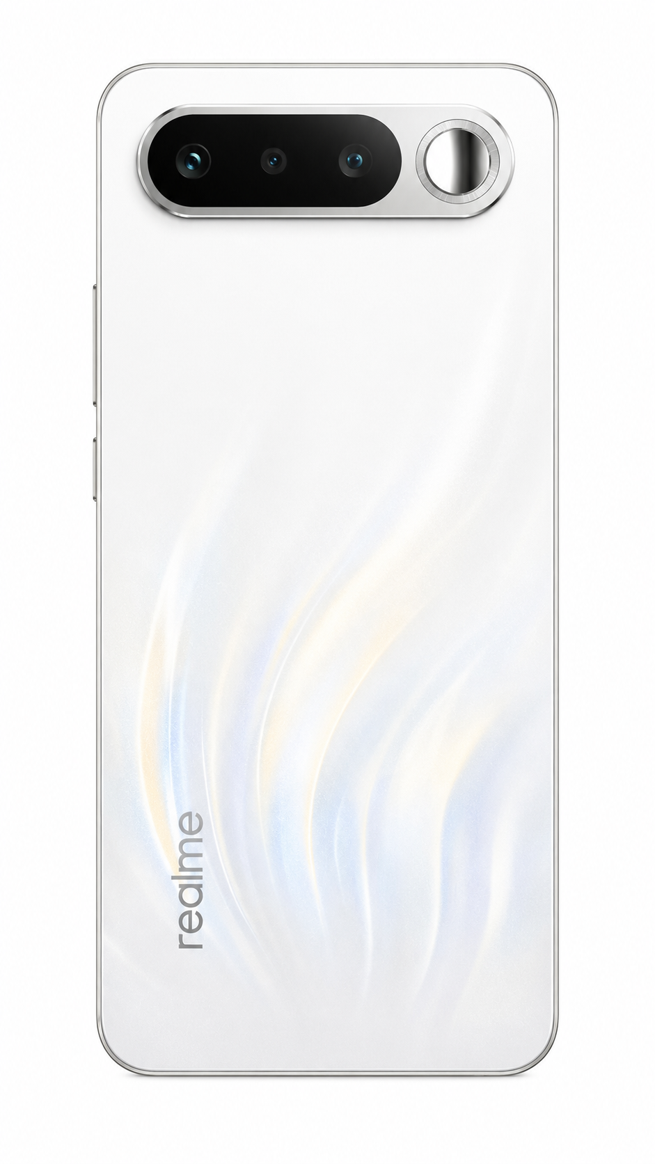 Il retro di uno smartphone Realme bianco con modulo fotocamera orizzontale e logo realme argentato.