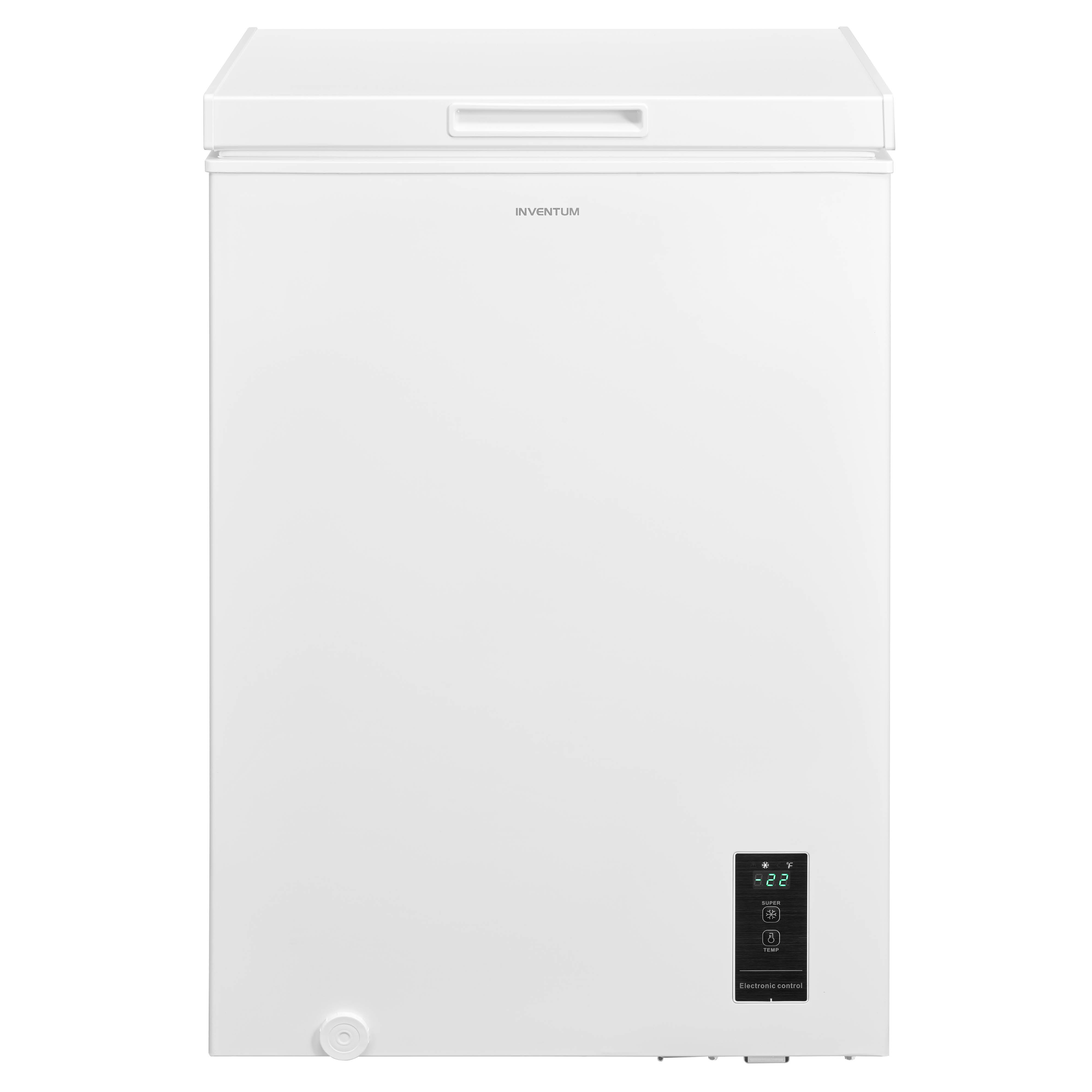 Un coffre congélateur blanc Inventum avec écran numérique et commandes électroniques.