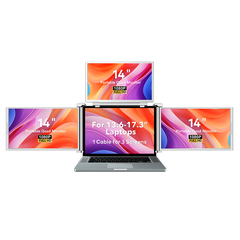 Laptop z czterema dołączonymi przenośnymi monitorami, do ekranów o przekątnej od 13,6 do 17,3 cala.