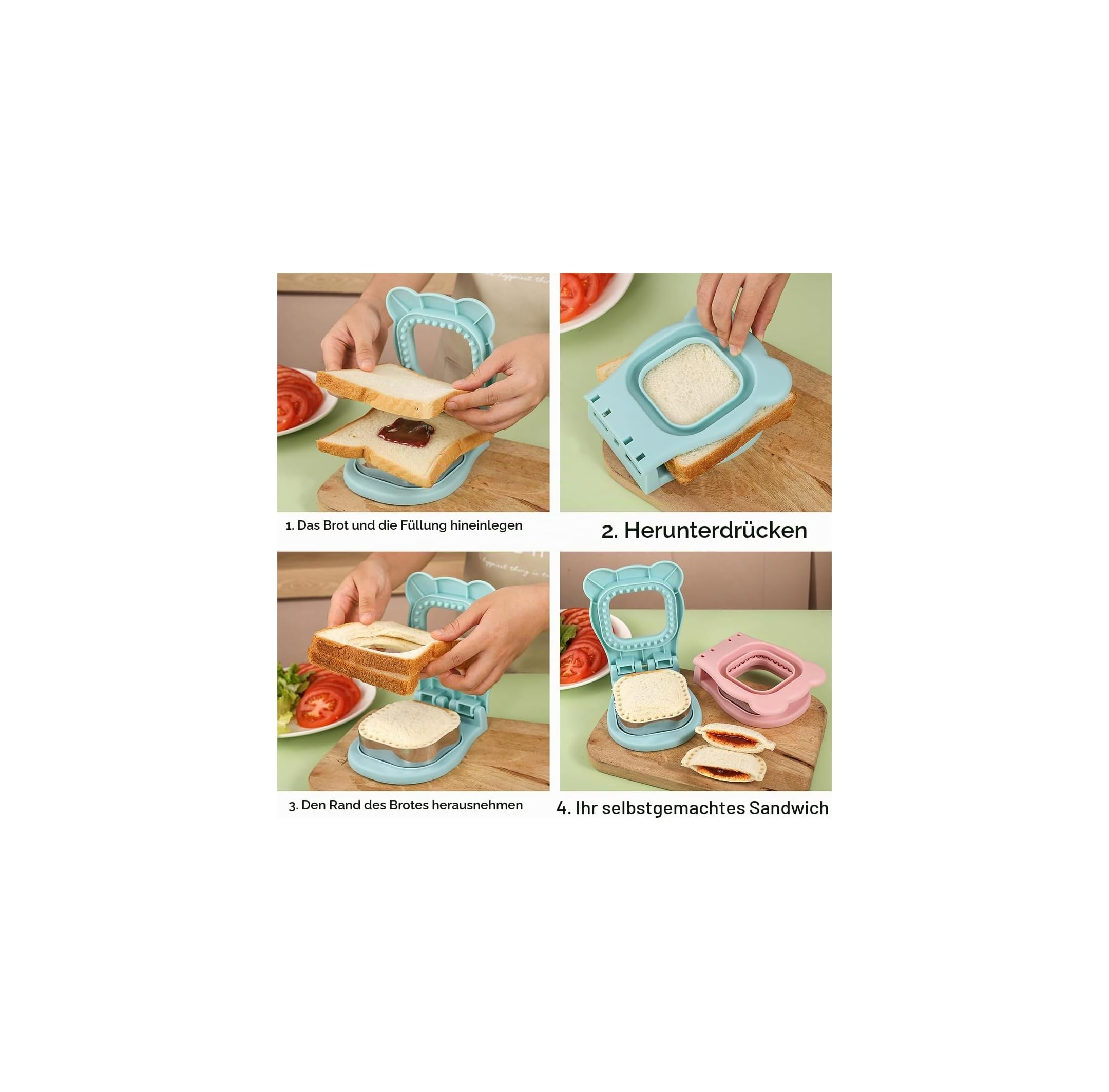 Vier Schritte zur Verwendung einer blauen Bären-Sandwichpresse, um gefüllte Sandwiches zuzubereiten.