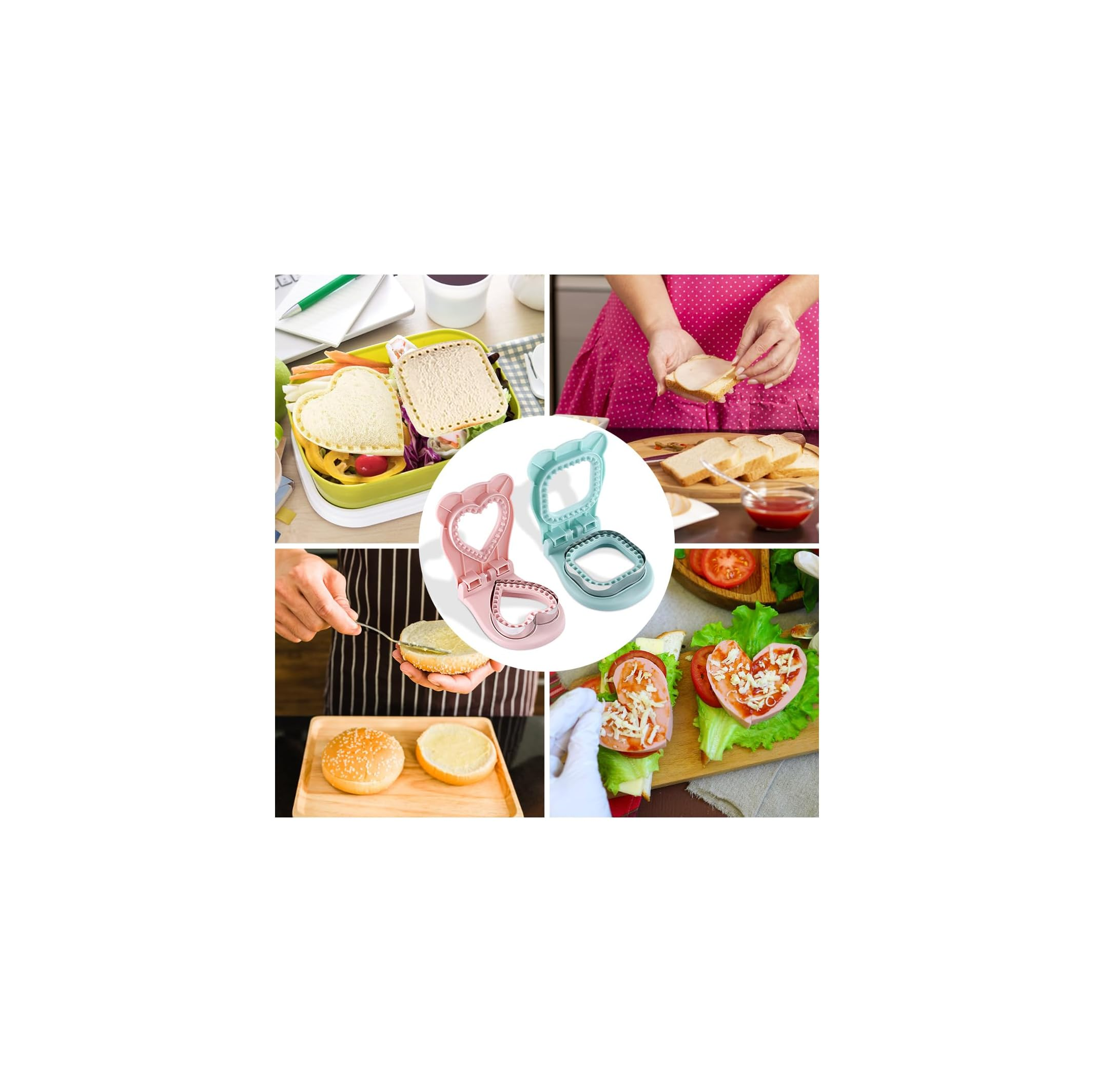 Collage mit rosa und blauen Kunststoff-Sandwichschneidern und -formen zum kreativen Gestalten von Brot, Fleisch und Käse.