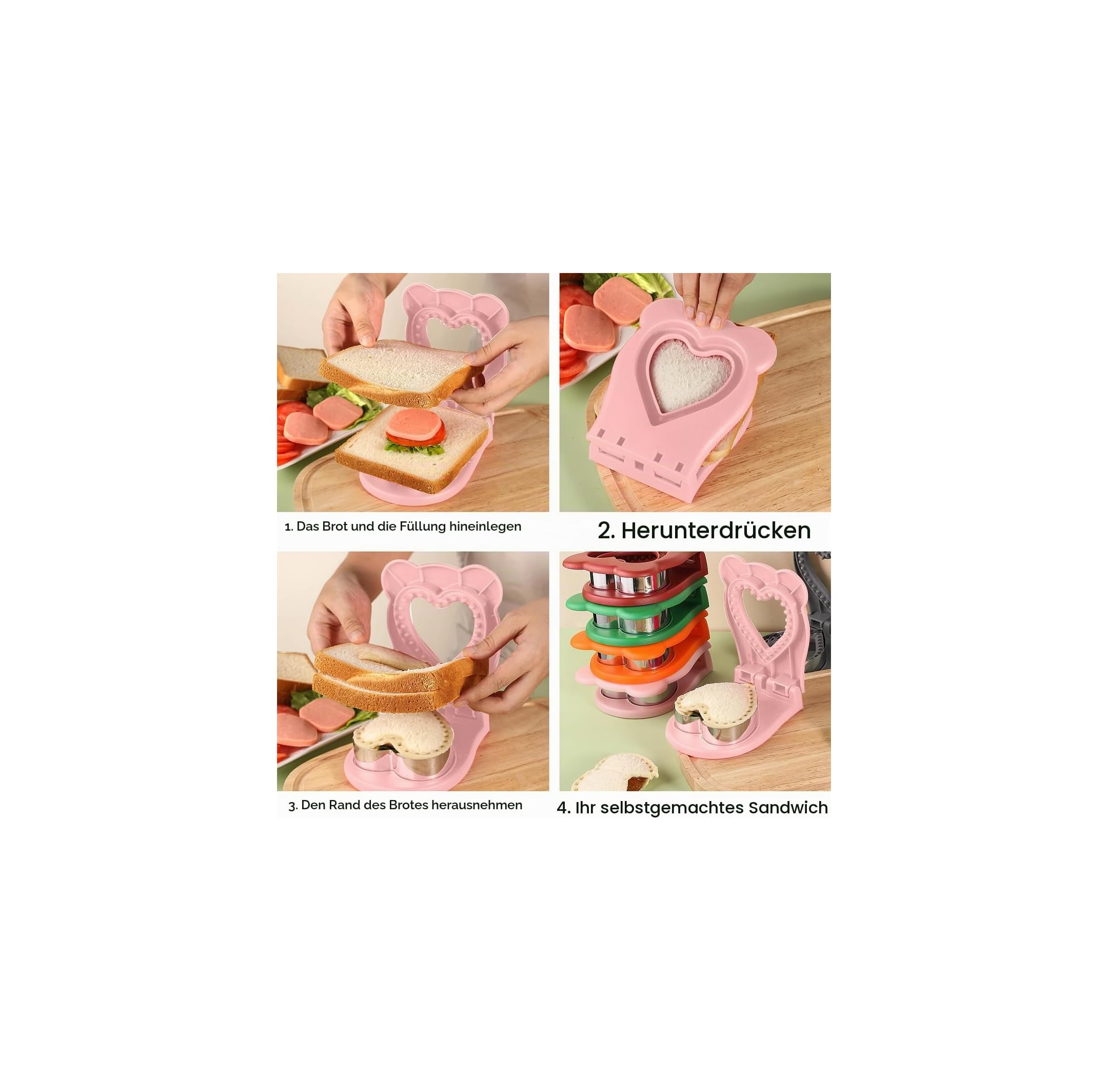 Vier Schritte zeigen, wie man mit einer rosa Form ein herzförmiges Sandwich zubereitet.