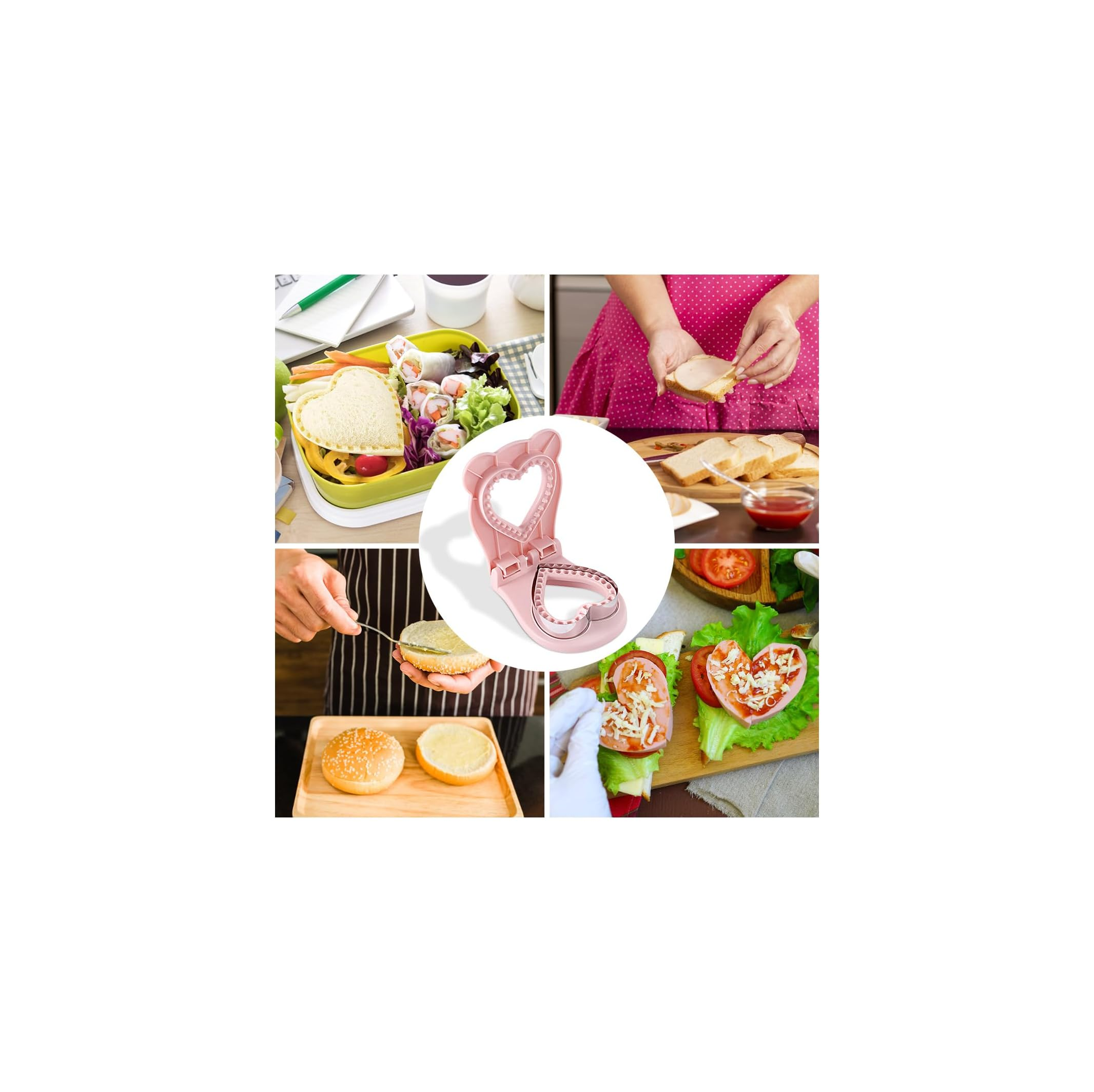 Eine rosa Sandwichform im Zentrum, umgeben von Bildern der Essenszubereitung und gefüllten Lunchboxen.