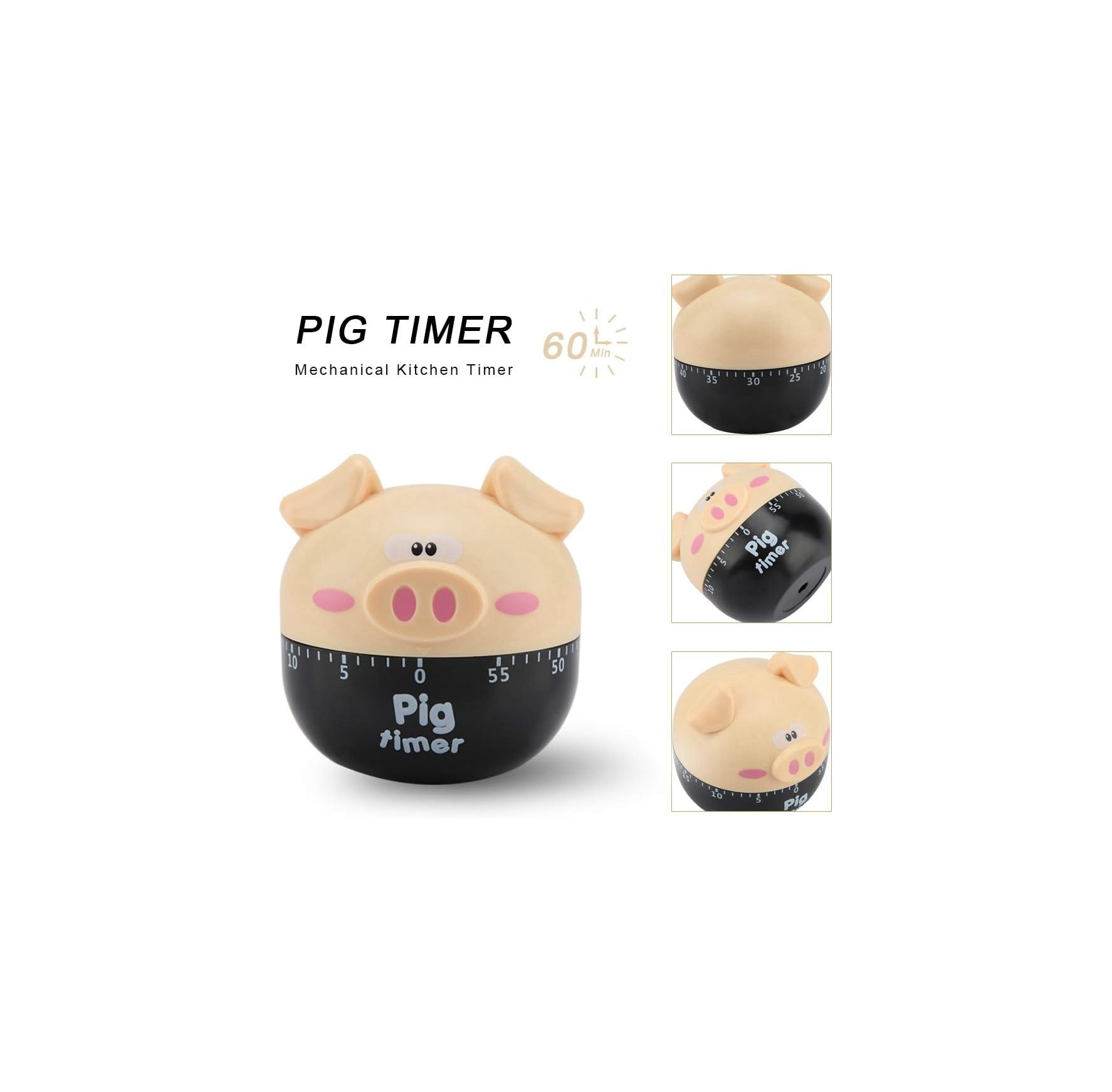 Ein niedlicher mechanischer Küchenwecker in Schweineform, schwarz und beige, mit Timer-Skala.