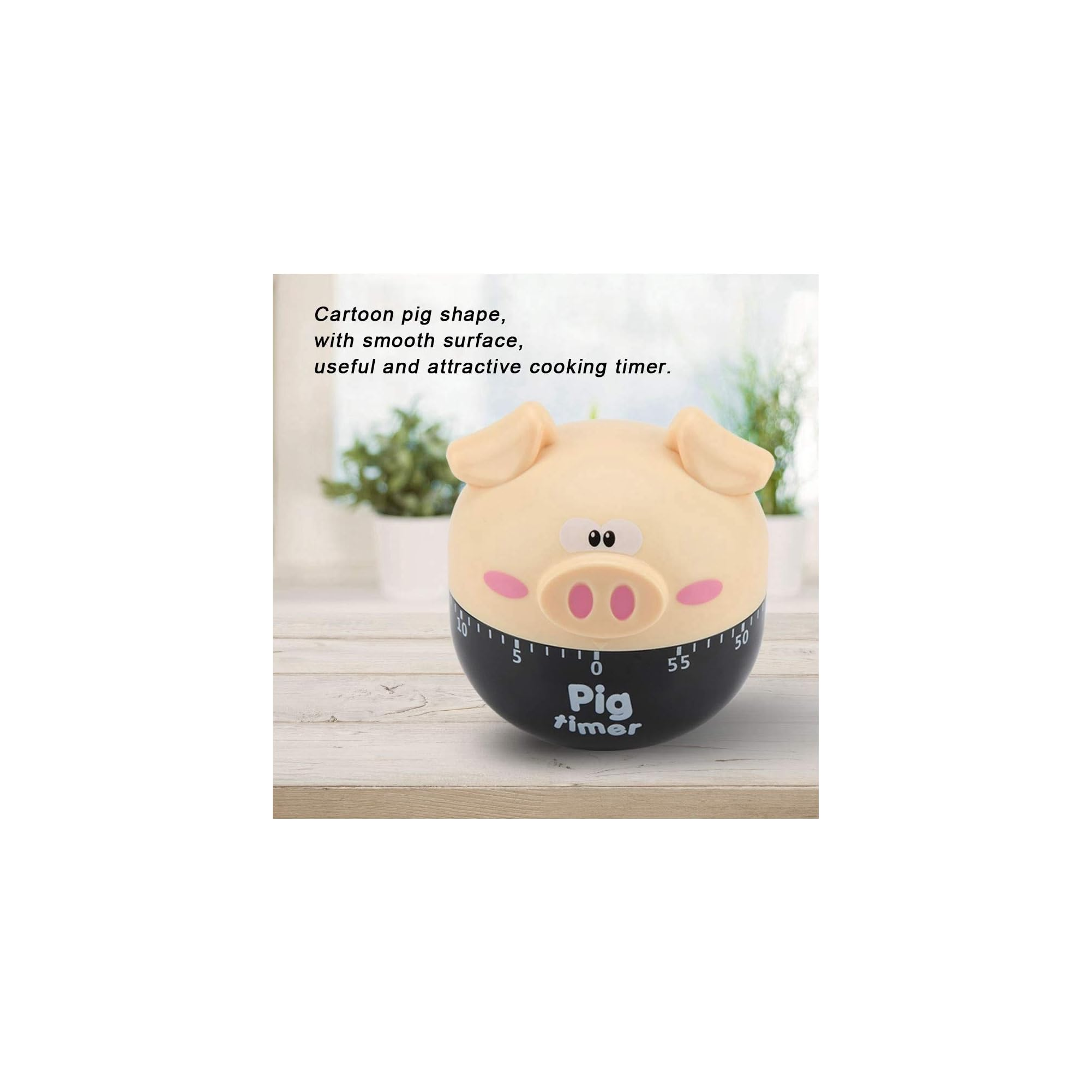 Ein kugelförmiger, rosafarbener Timer in Schweineform mit schwarzer Basis steht auf einem Holzbrett.