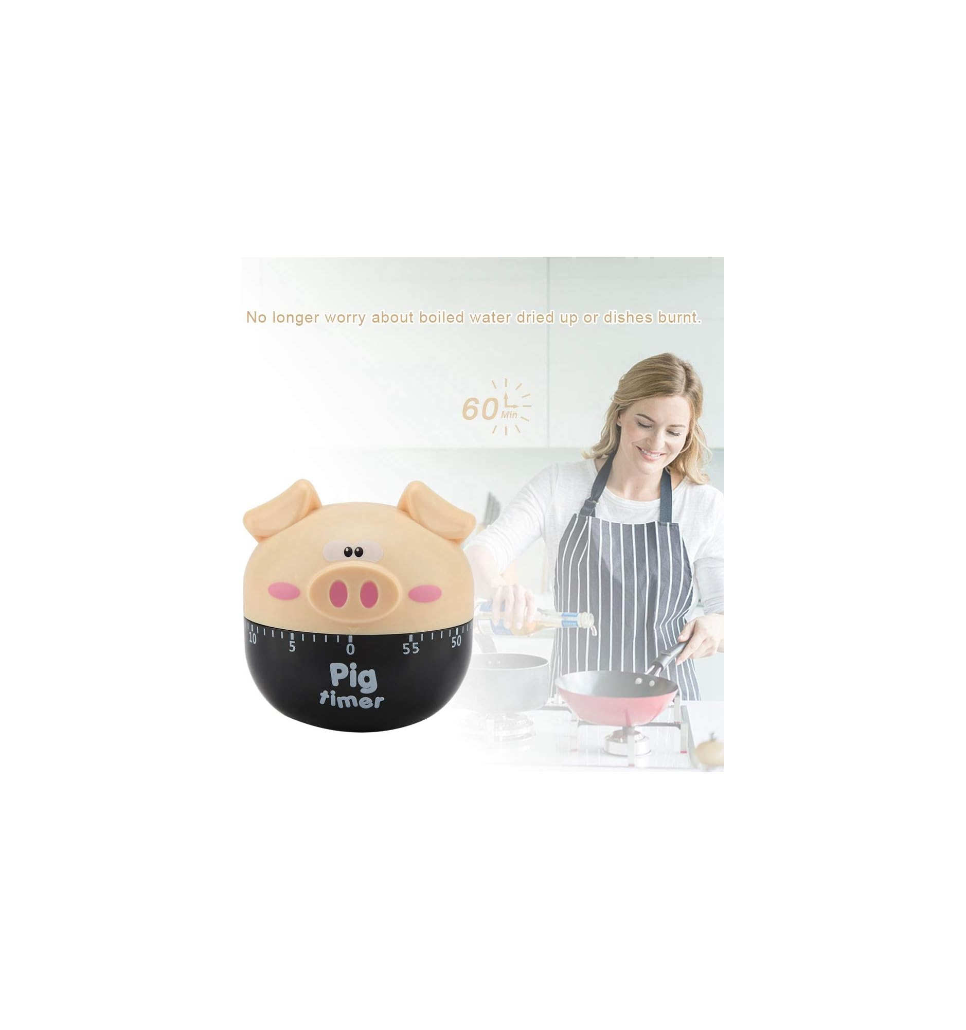 Ein rosafarbenes Sparschwein-Timer auf dem Tisch, im Hintergrund kocht eine Frau in der Küche.