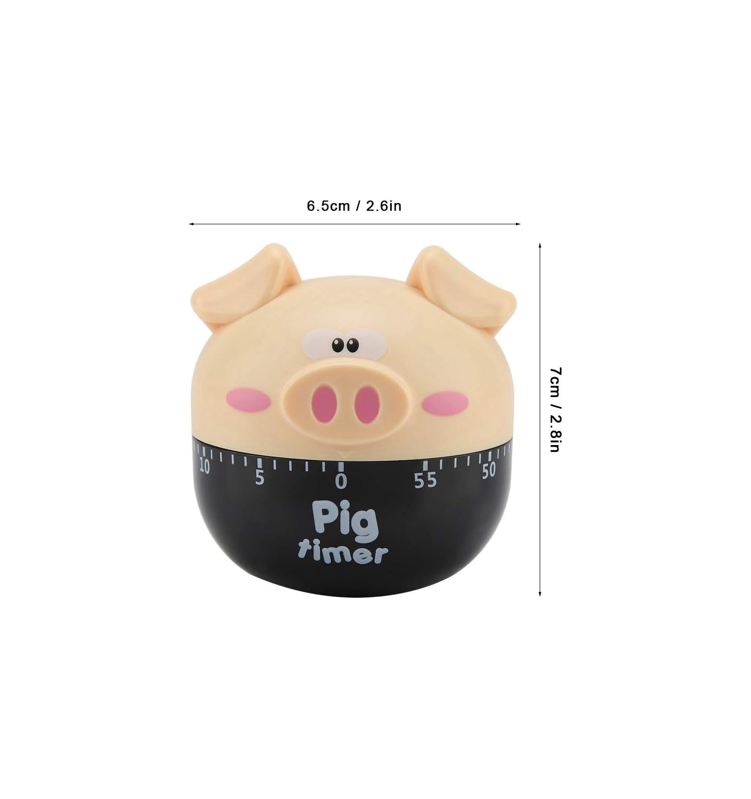 Ein süßer rosafarbener und schwarzer Schweinetimer, 6,5 cm breit und 7 cm hoch, vor weißem Hintergrund.