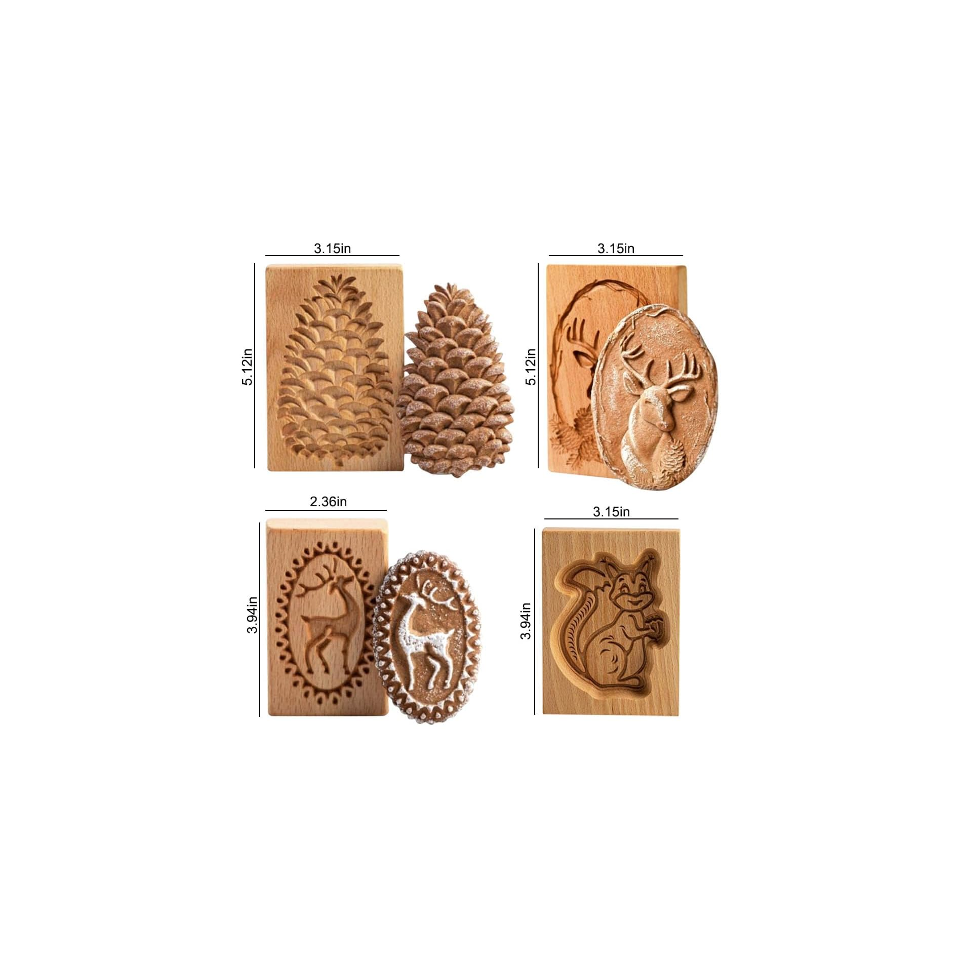 Vier Holzbackformen mit Maßen und dazugehörigen geformten Plätzchen mit Tannenzapfen-, Hirsch- und Eichhörnchen-Motiven.