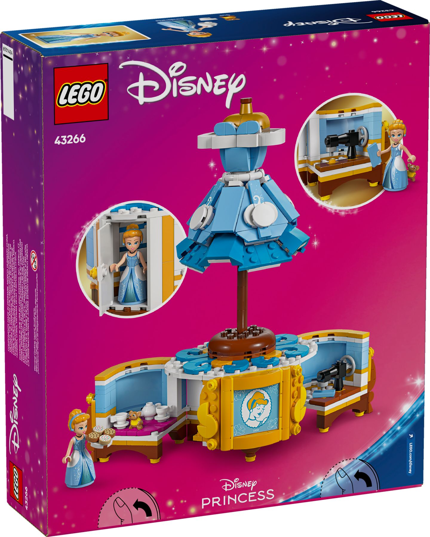 Lego Disney Prinzessin Cinderellas Kleiderset mit Minipuppe, Nähmaschine und drehbarem Kleiderständer.