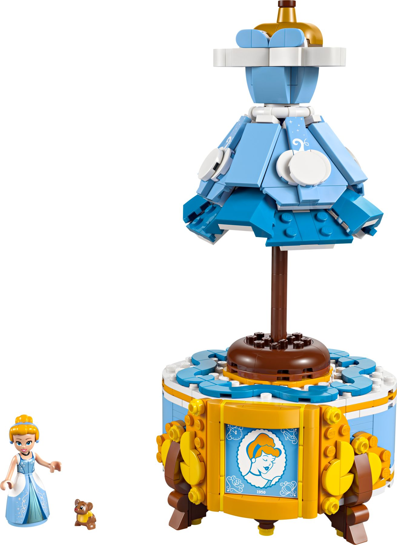 Lego-Cinderella-Figur und kleine Maus neben einem blauen Lego-Kleiderständer auf weißem Grund.