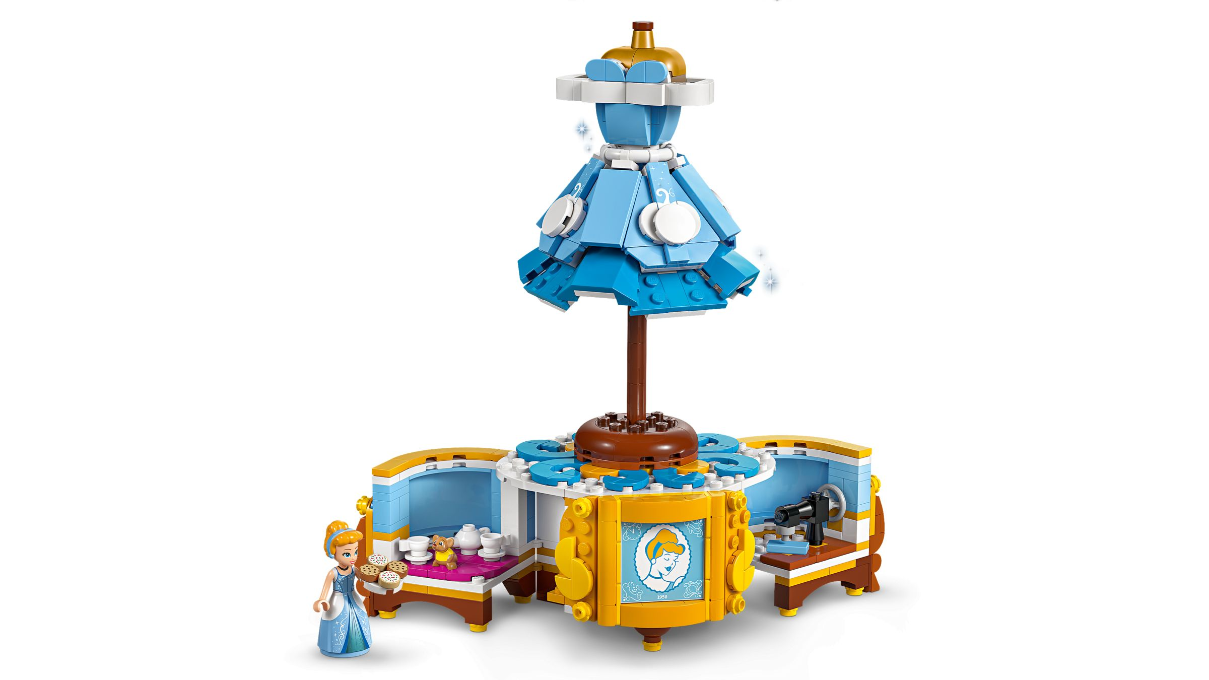 Lego Cinderella Set mit blauem Kleiderständer und kleinen Räumen.