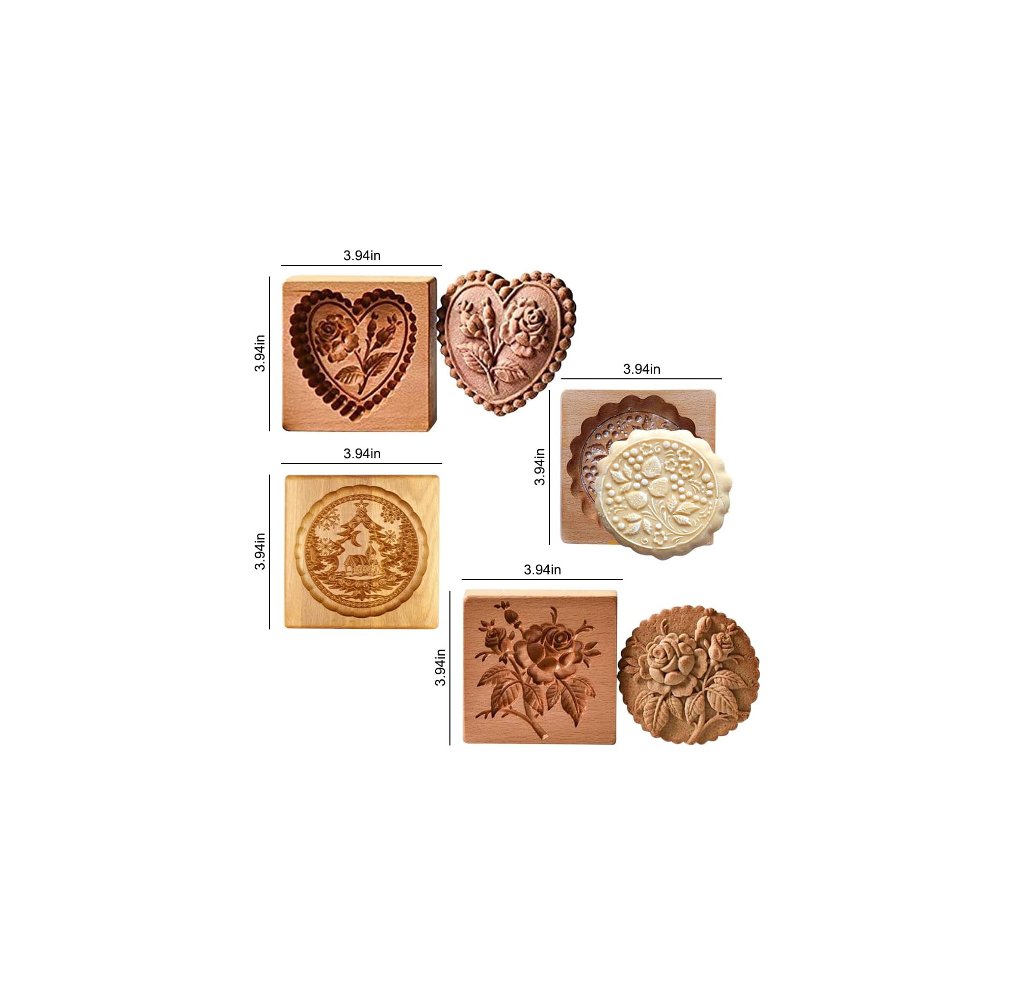 Vier Holzplätzchenformen mit geschnitzten Blumen- und Herzmustern, jeweils 3,94 Zoll.
