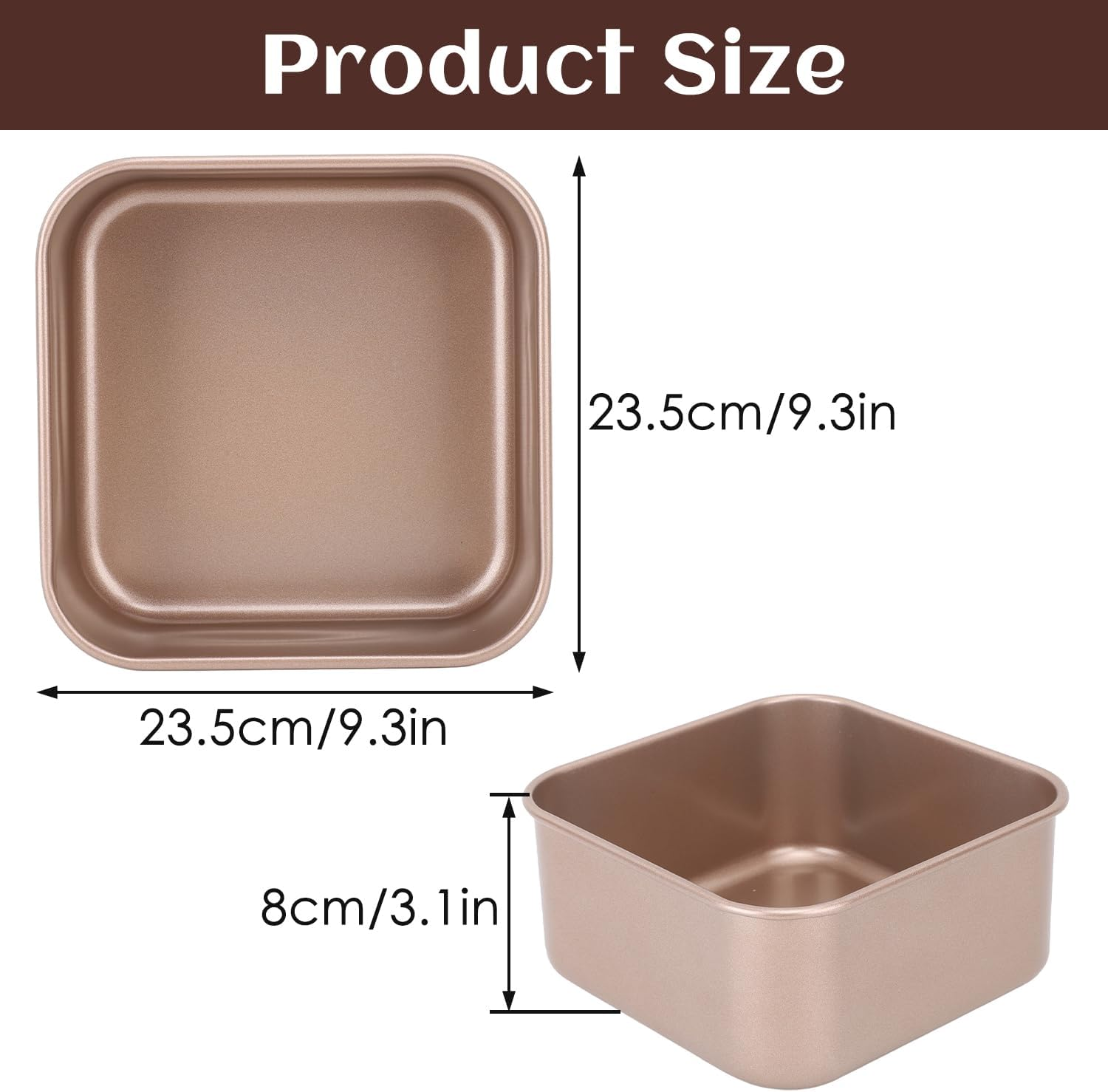 Produktgröße einer quadratischen Backform mit Maßen von 23,5 cm Breite und Länge sowie 8 cm Höhe.