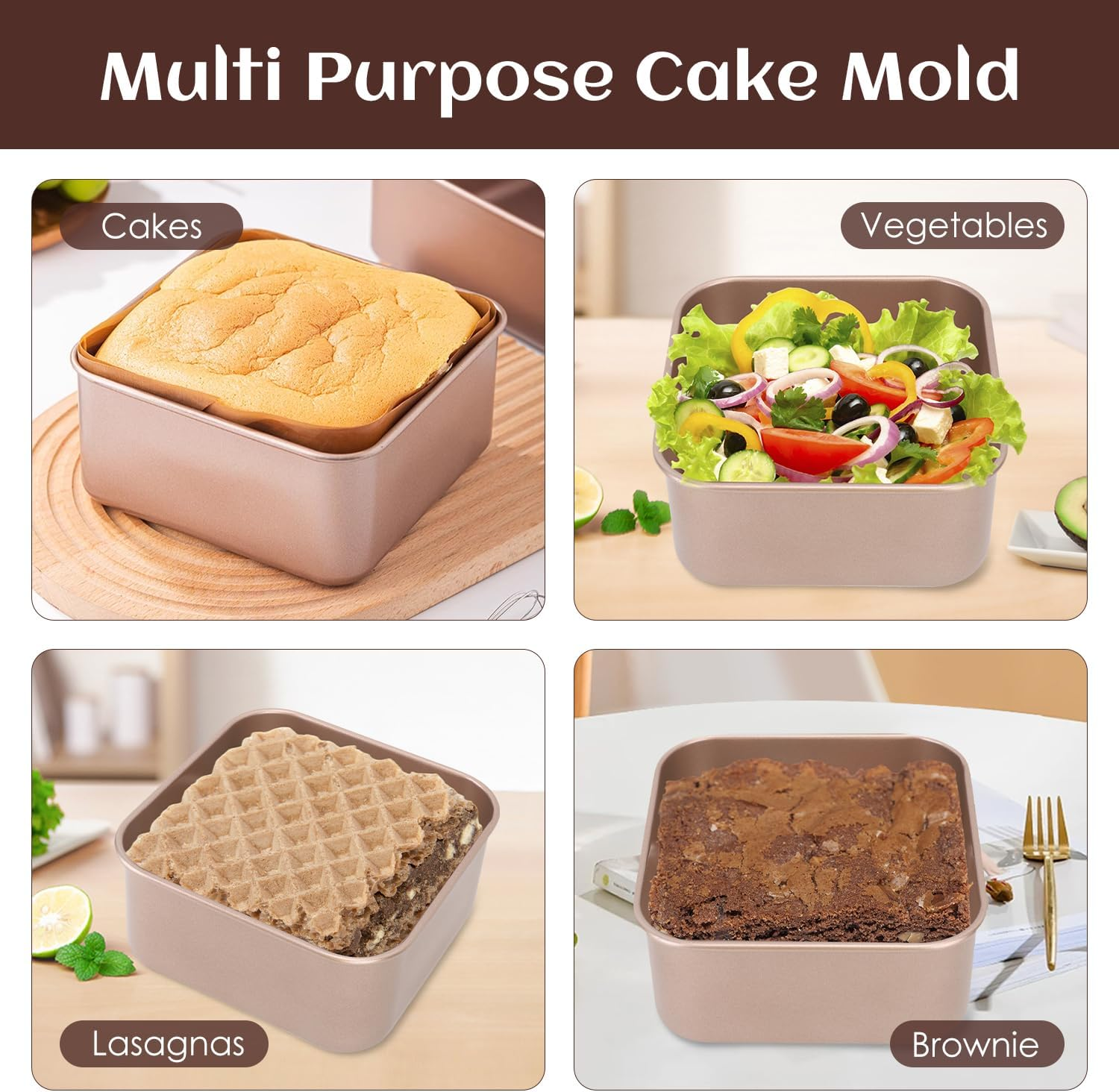 Vier Bilder einer vielseitigen quadratischen Kuchenform mit Kuchen, Gemüse, Lasagne und Brownie.