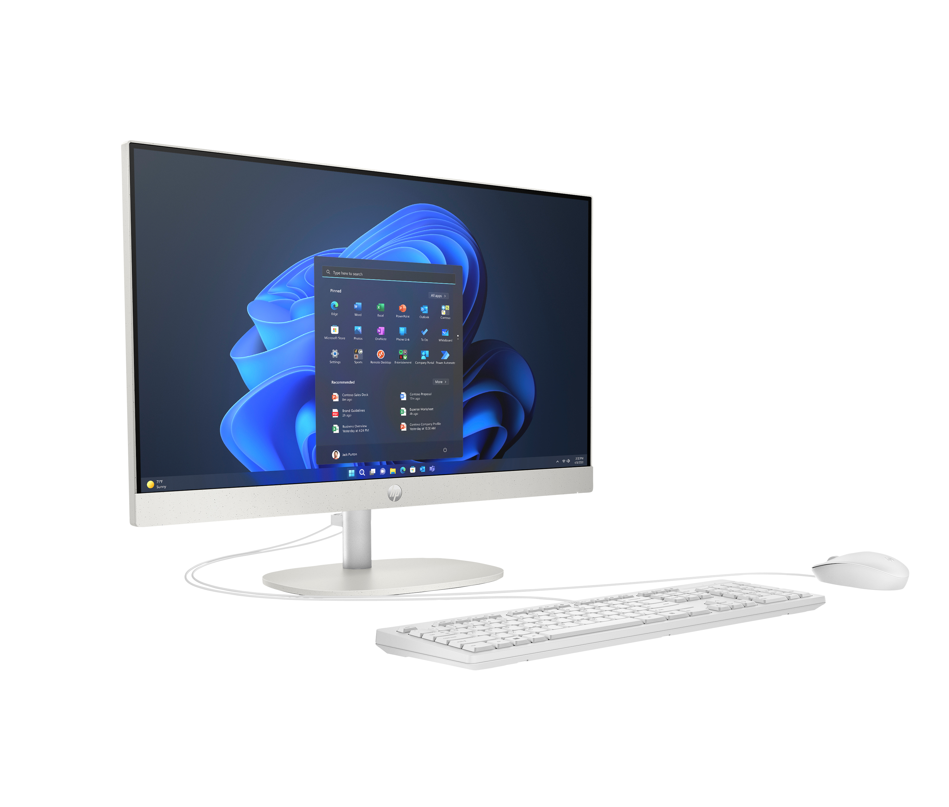 Un computer desktop all-in-one bianco con schermo blu, tastiera e mouse.