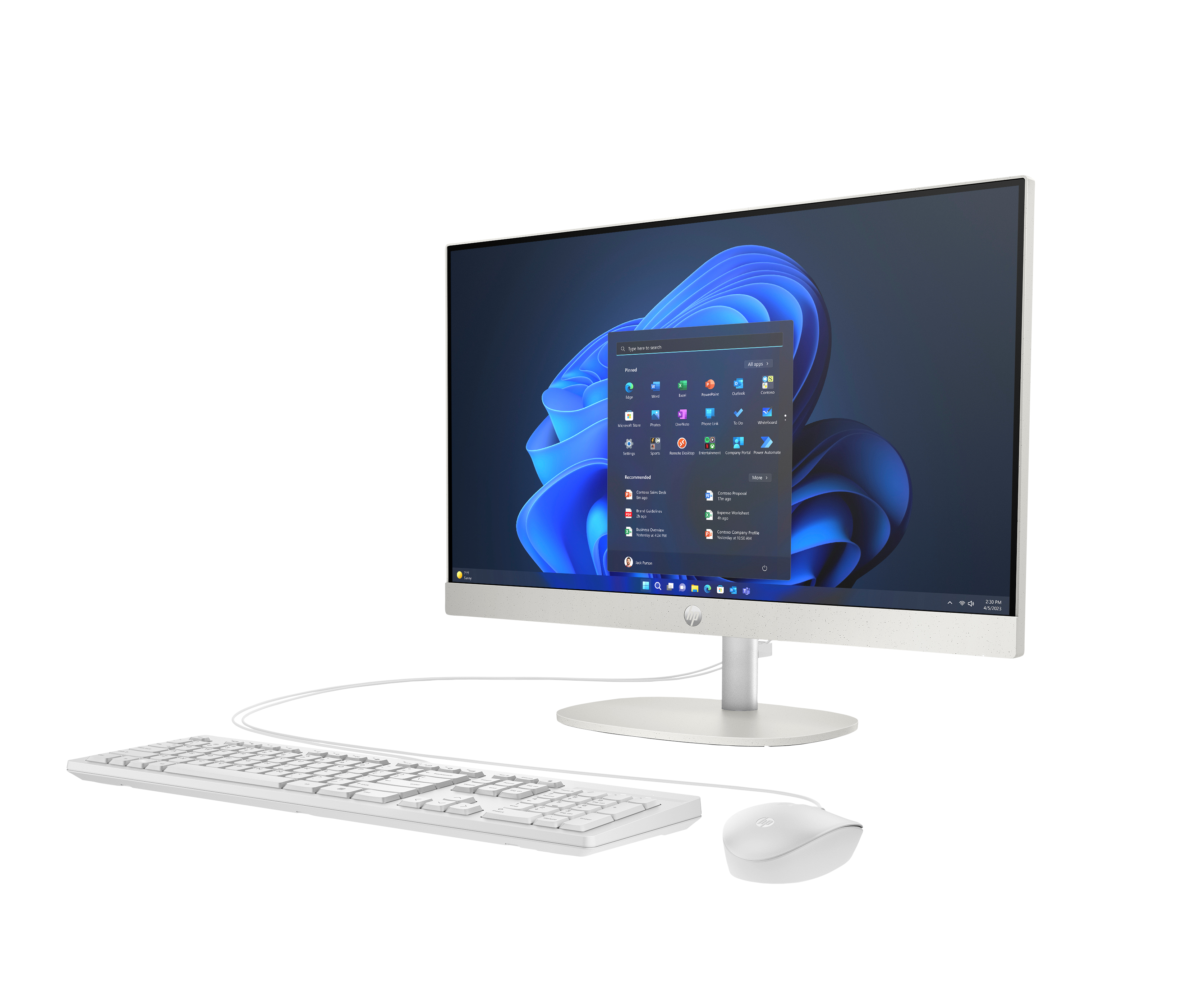 Un computer desktop all-in-one bianco con tastiera e mouse su sfondo bianco.