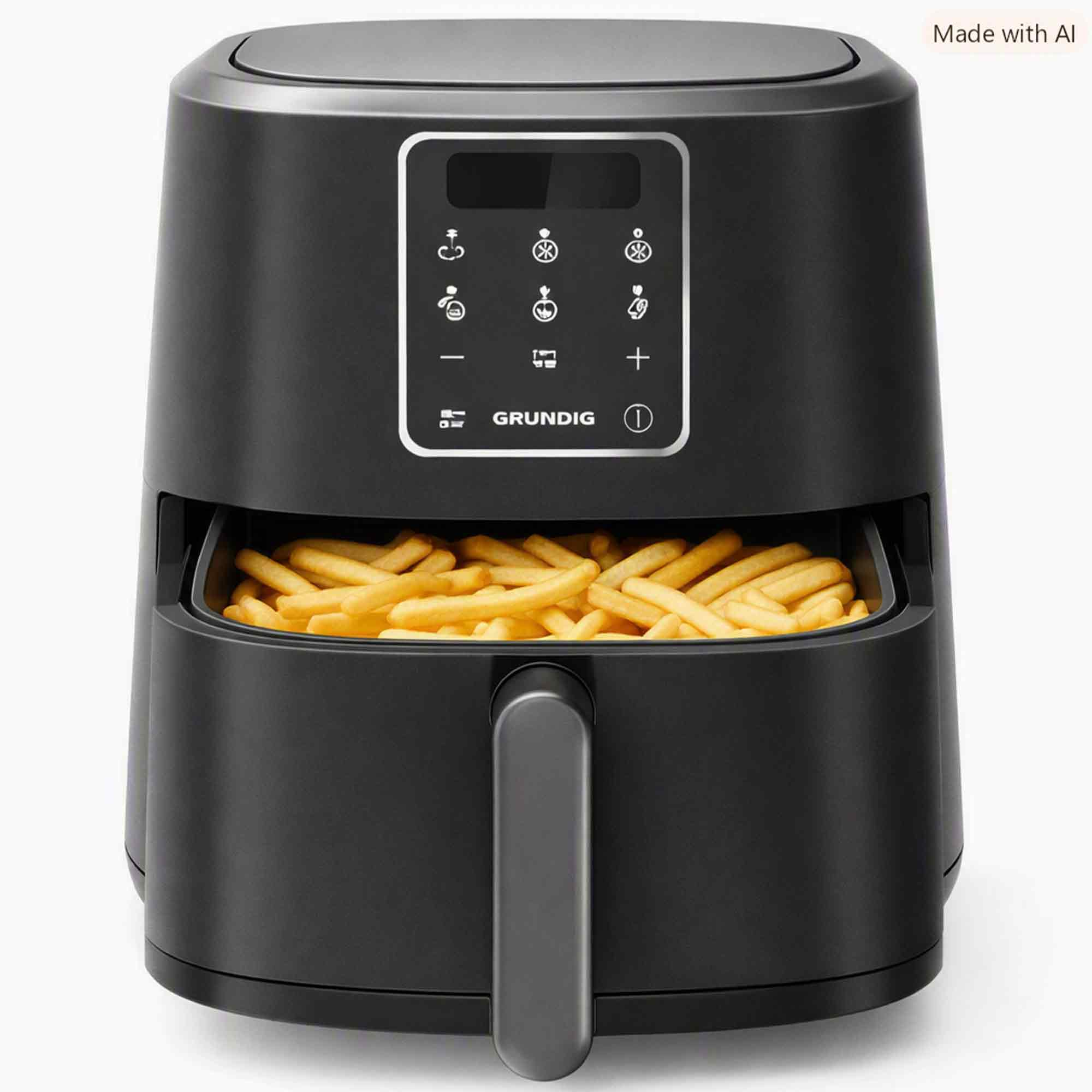 Eine schwarze Heissluftfritteuse mit digitalem Display und einem herausgezogenen Korb gefuellt mit goldenen Pommes frites.