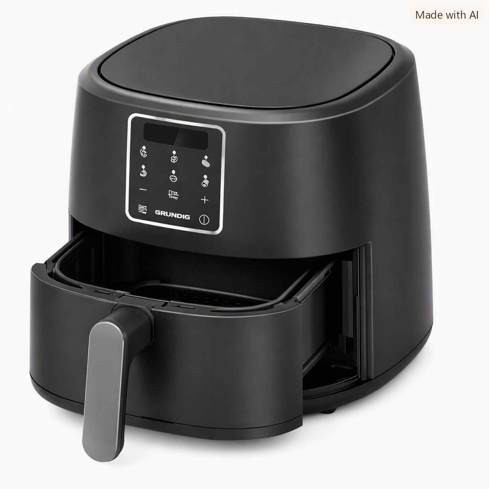 Schwarze Heißluftfritteuse mit digitalem Touch-Bedienfeld und leicht geöffnetem, rechteckigem Frittierkorb.