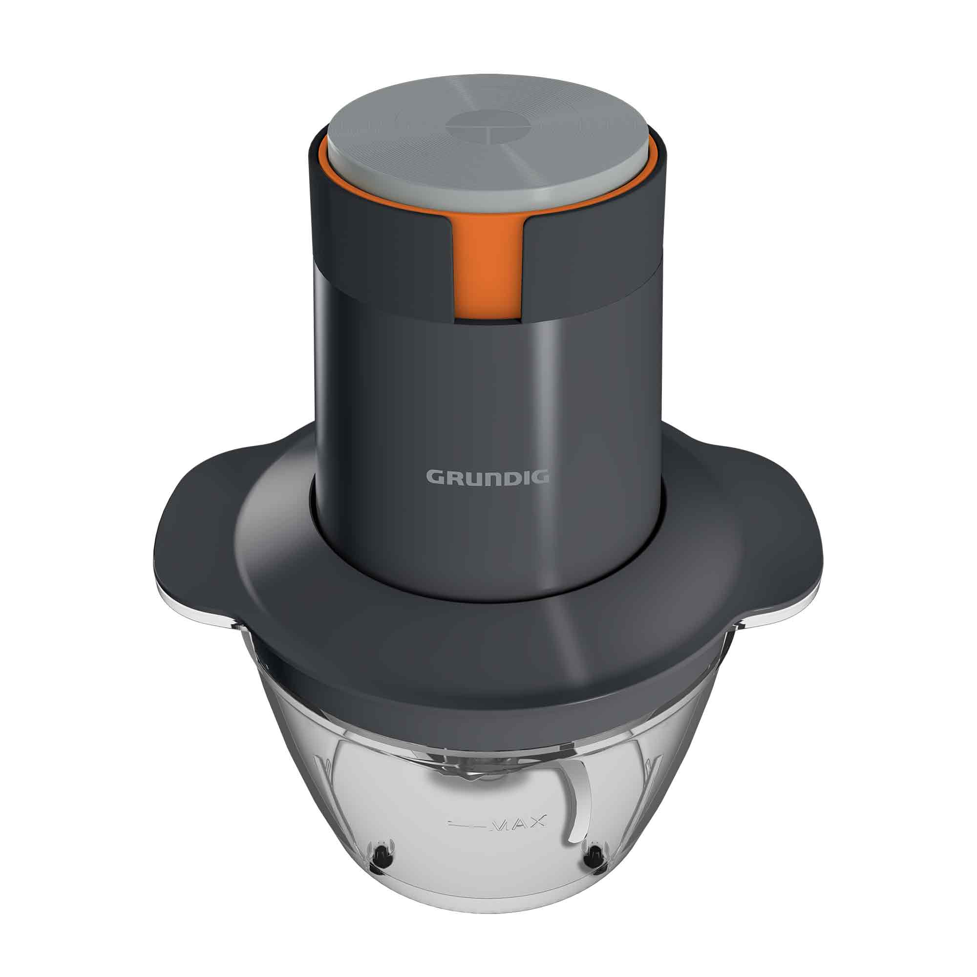 Ein grauer Grundig-Zerkleinerer mit transparenter Schüssel und orangen Details auf weißem Hintergrund.