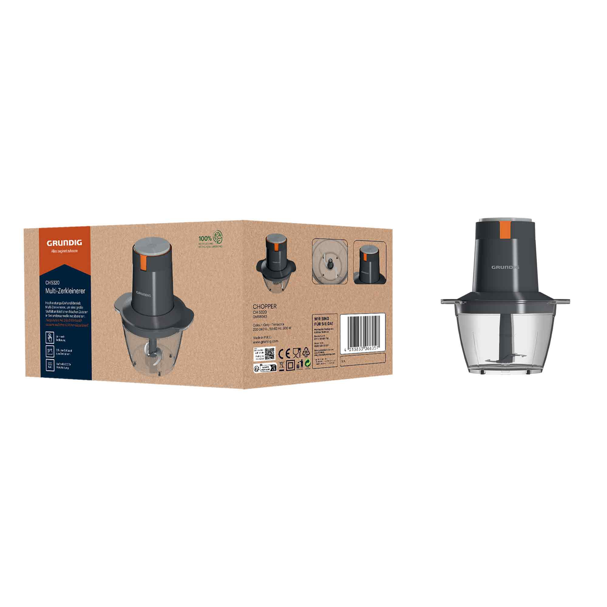 Ein grauer Grundig Multizerkleinerer danebenstehend zu seiner Pappverpackung mit Produktabbildungen.