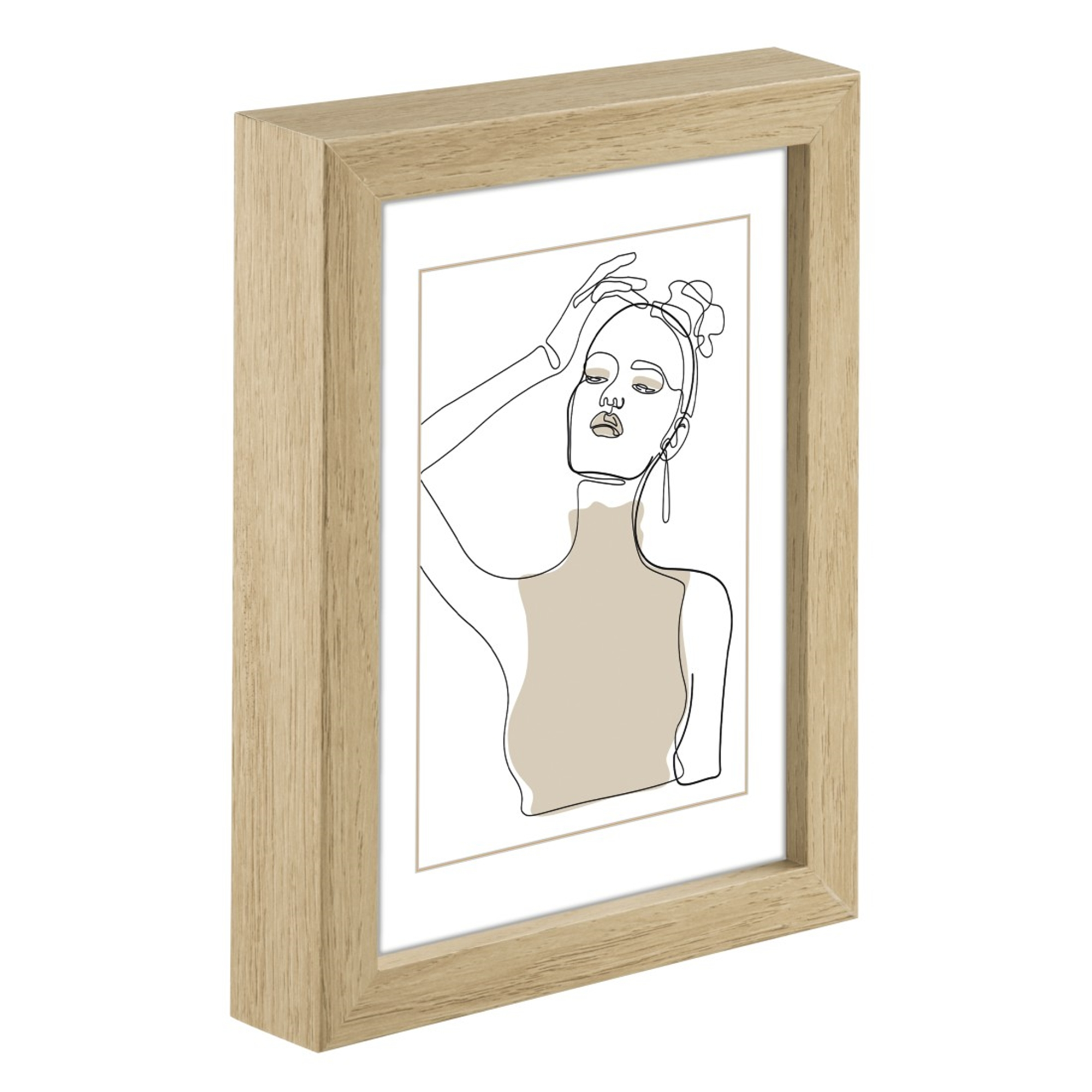 Un dipinto in cornice con line art di una donna in beige e nero all'interno di una cornice in legno chiaro.