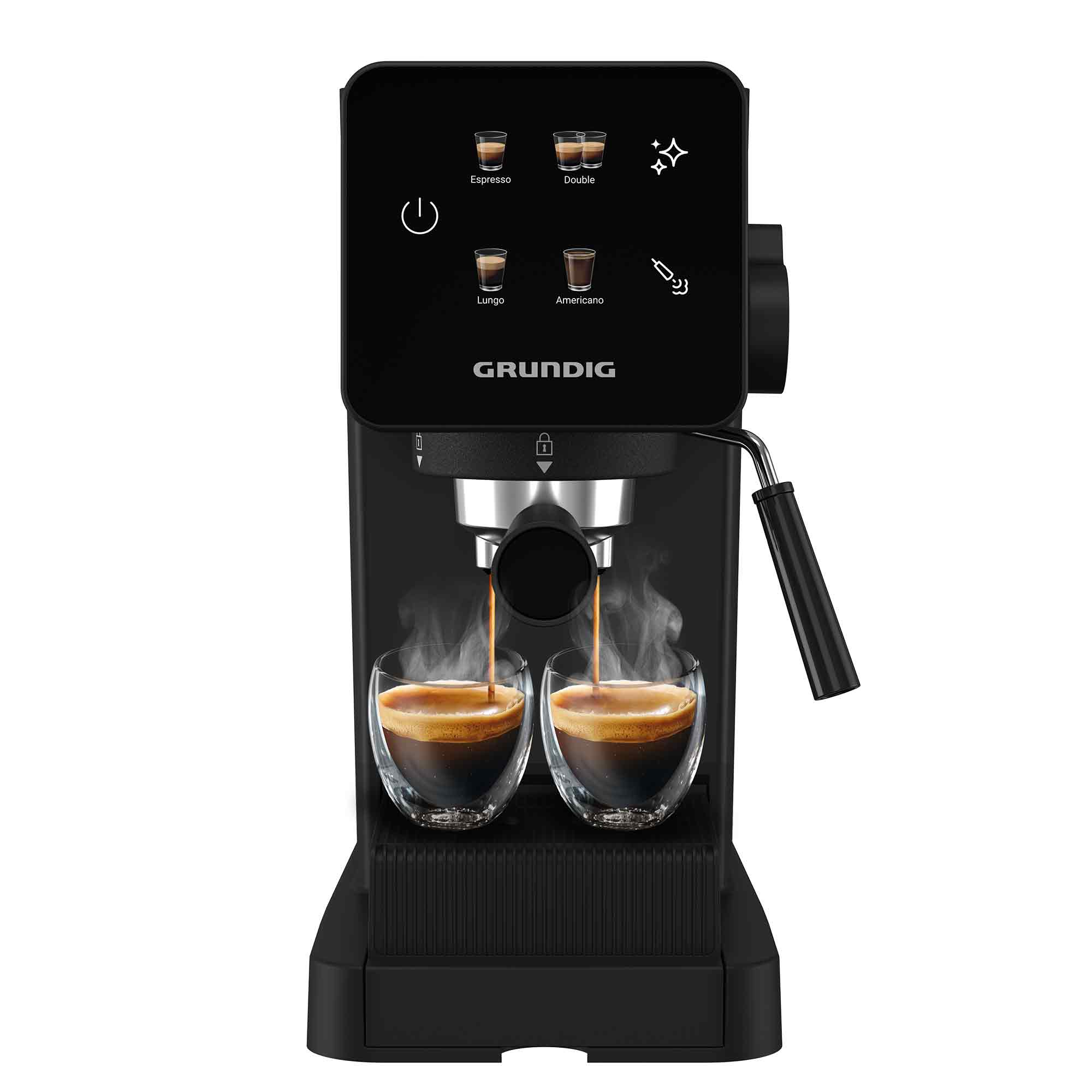 Schwarze Grundig-Kaffeemaschine brüht doppelten Espresso in zwei Glasbecher.