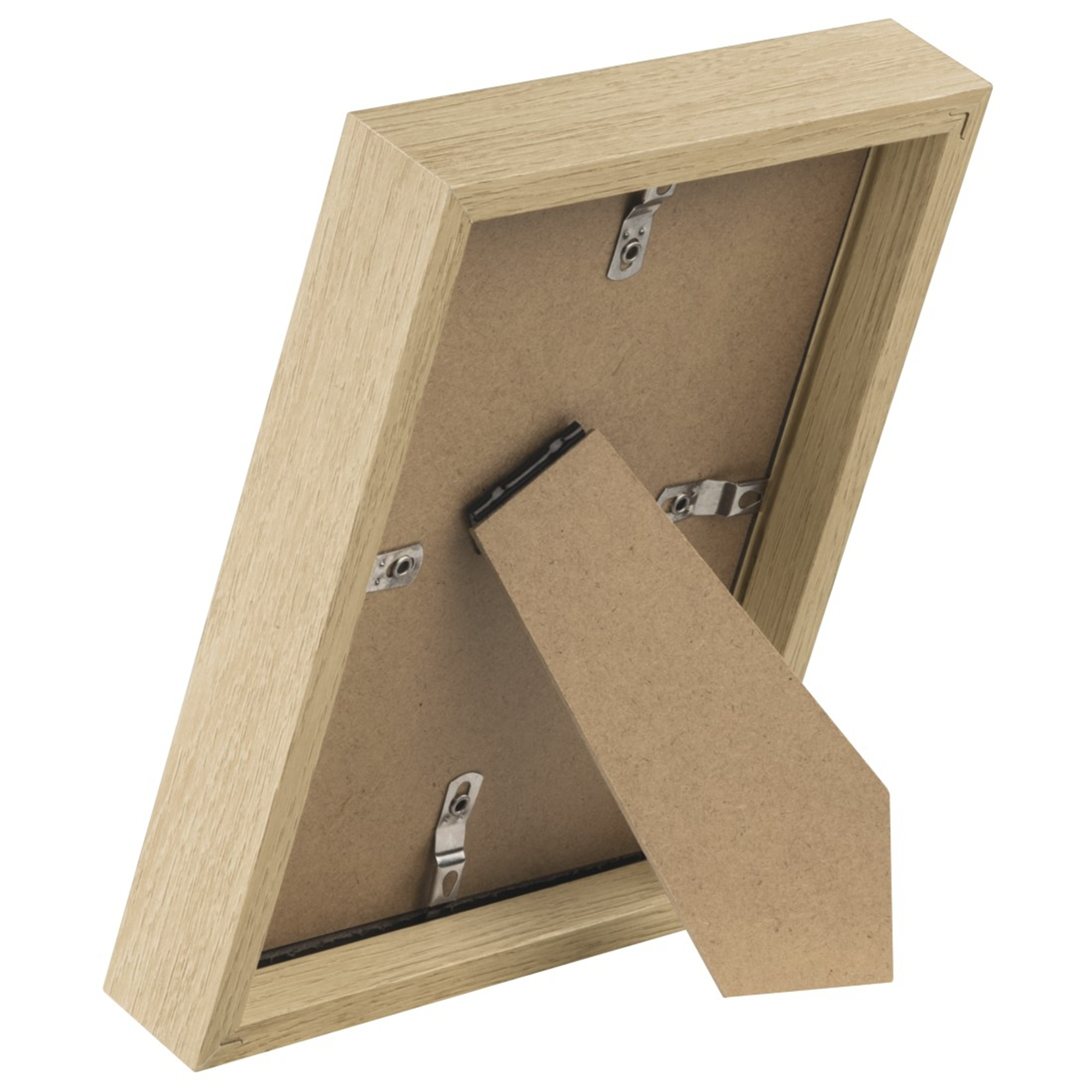 Retro di una cornice in legno chiaro con supporto e clip di metallo.
