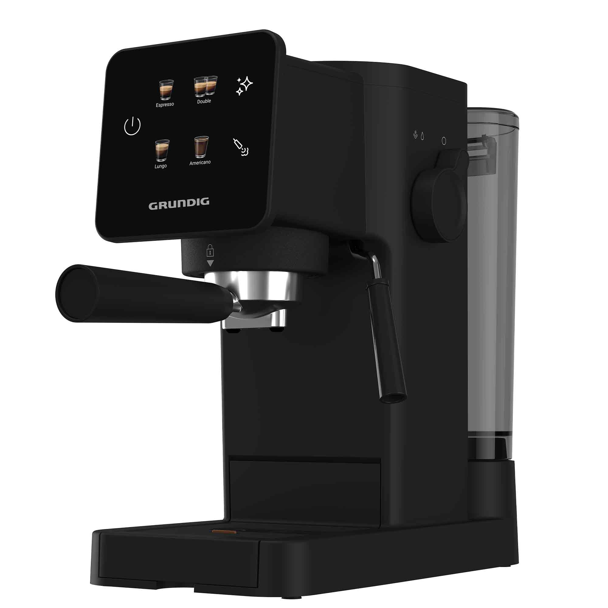 Schwarze Grundig Siebträgermaschine mit digitalem Touch-Display, Dampfdüse und klarem Wassertank auf weissem Grund.