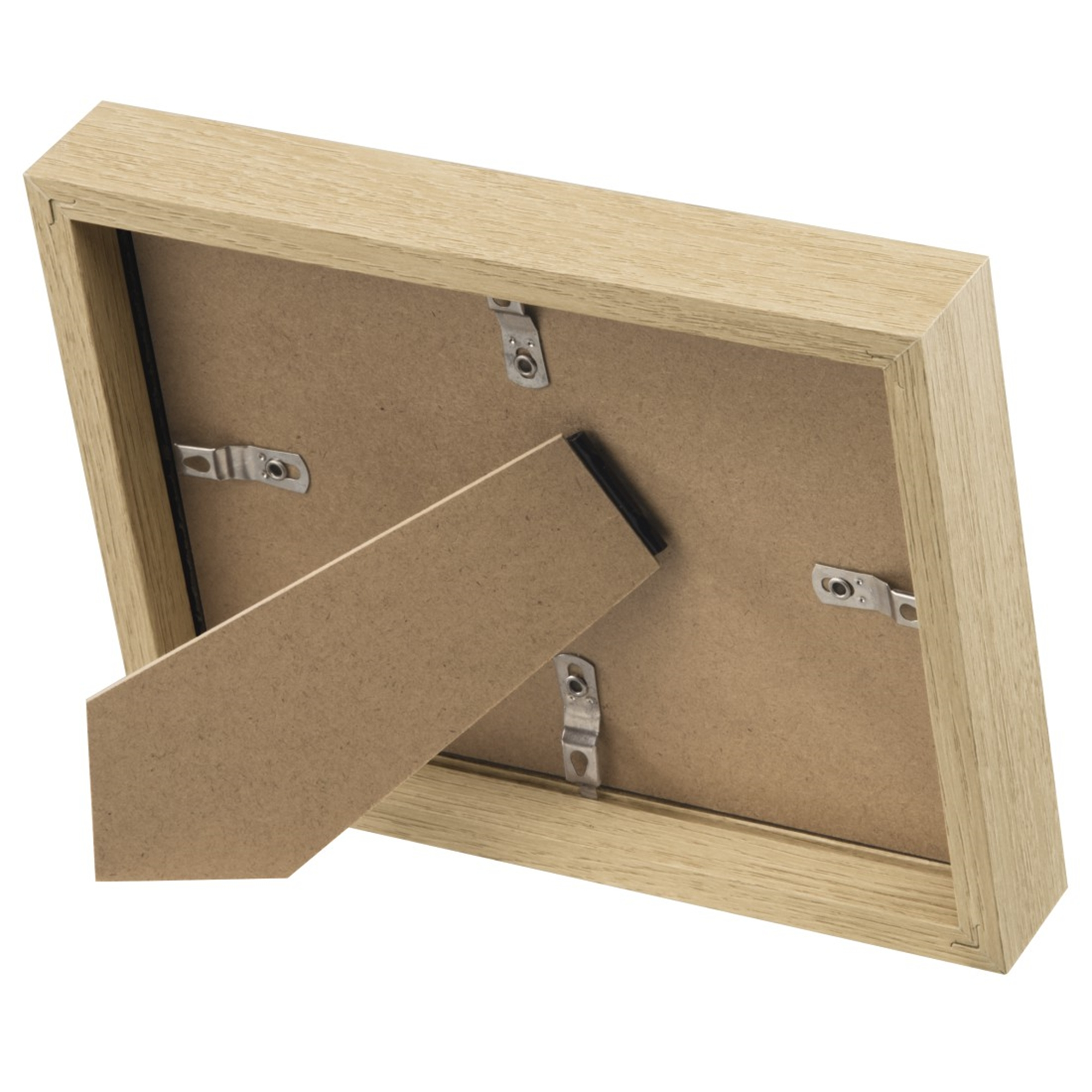 Vista posteriore di una cornice in legno chiaro con supporto integrato e clip metalliche su sfondo bianco.