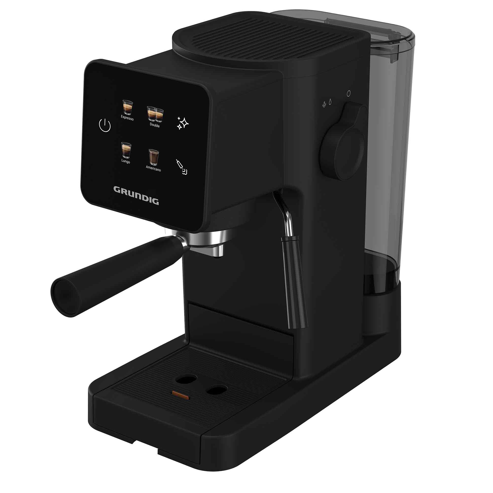 Eine schwarze Grundig-Espressomaschine mit Touch-Display, Siebträger und transparentem Wassertank rechts.