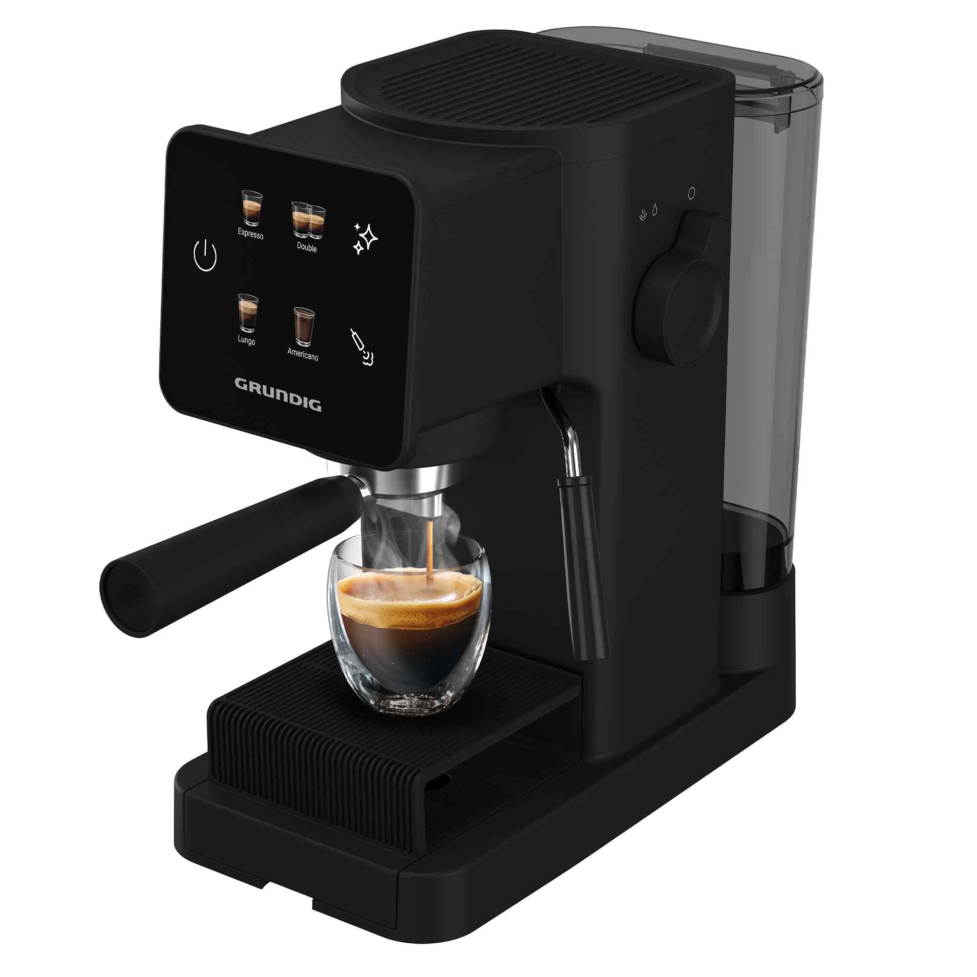 Schwarze Grundig-Espressomaschine mit Digitaldisplay, Dampfdüse und einer Glastasse Kaffee auf dem Abtropfgitter.