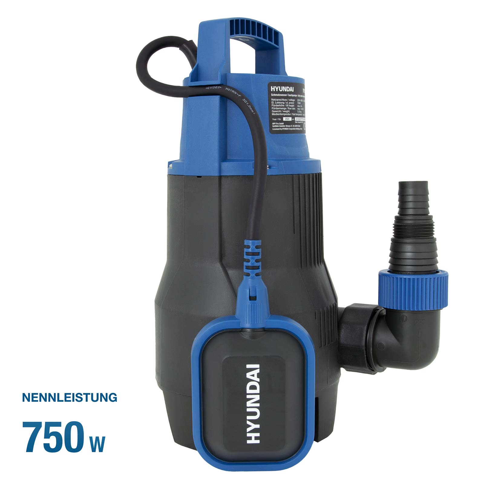 Eine blau-schwarze Hyundai 750W Schmutzwasserpumpe mit Schwimmerschalter vor weißem Hintergrund.