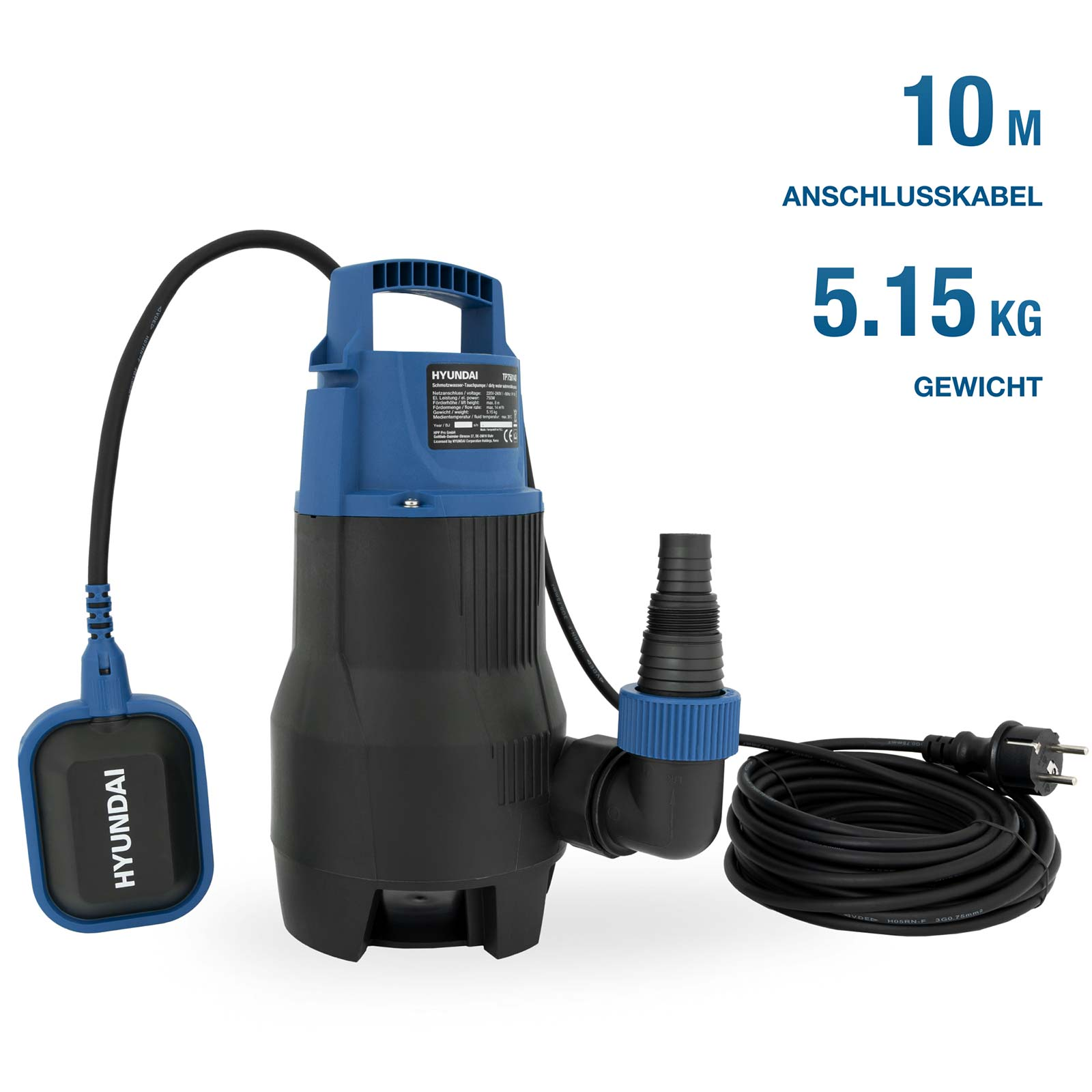 Blaue und schwarze Hyundai Schmutzwasser-Tauchpumpe mit Kabel und Schwimmerschalter auf weißem Hintergrund.