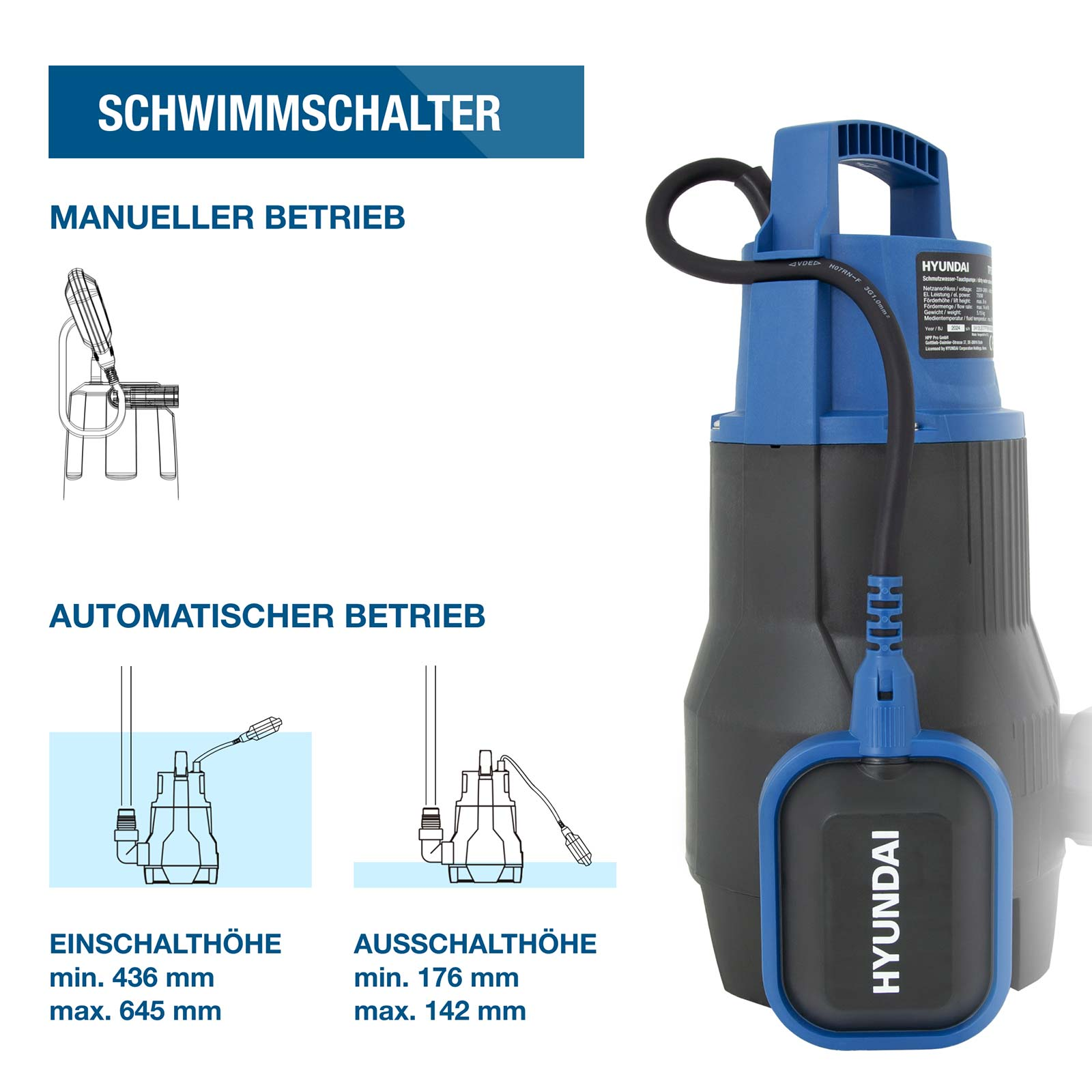 Hyundai Schmutzwasserpumpe mit Schwimmschalter, Anleitungen für manuellen und automatischen Betrieb.