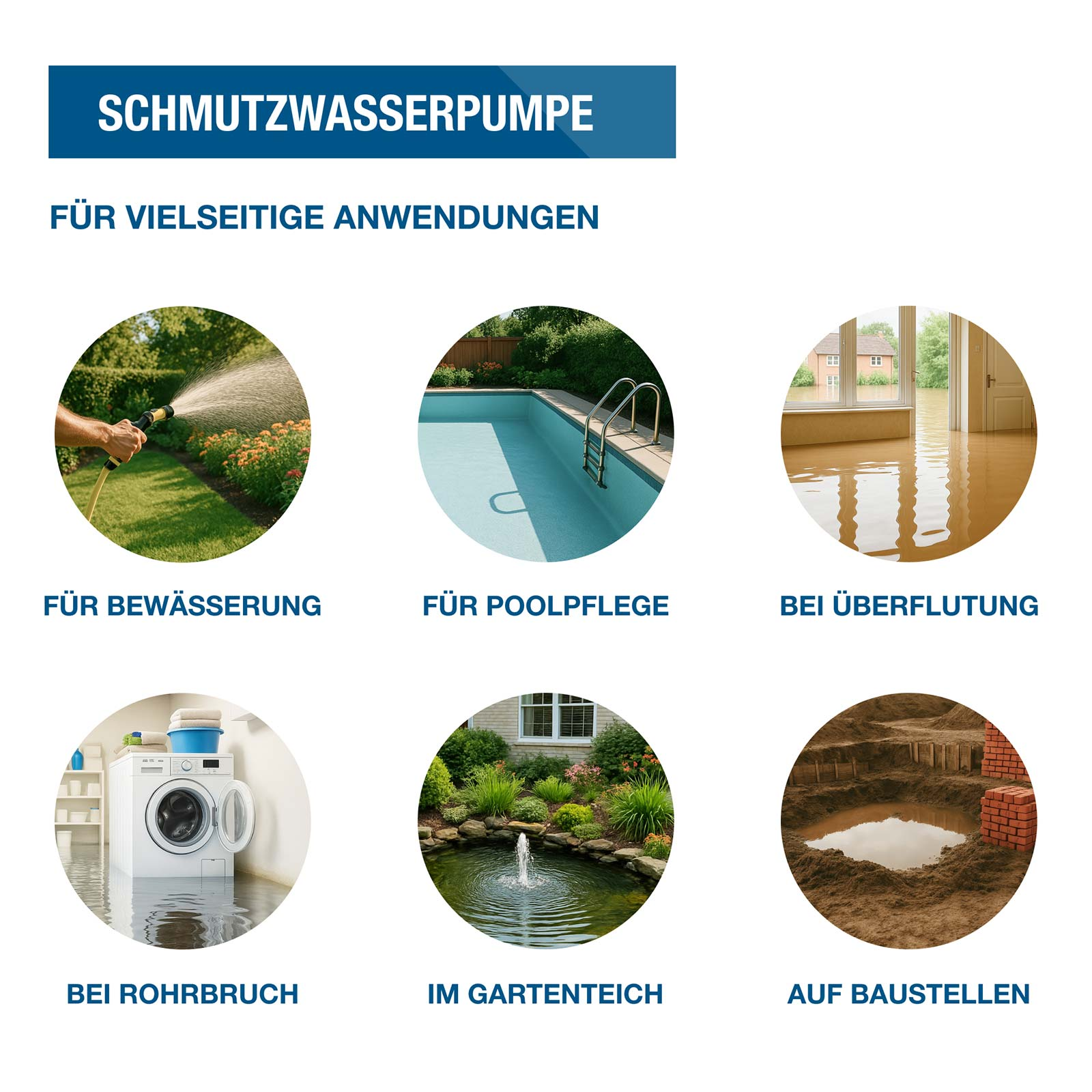 Übersicht von Schmutzwasserpumpen-Anwendungen wie Bewässerung, Pool, Überflutung, Rohrbruch, Gartenteich und Baustelle.