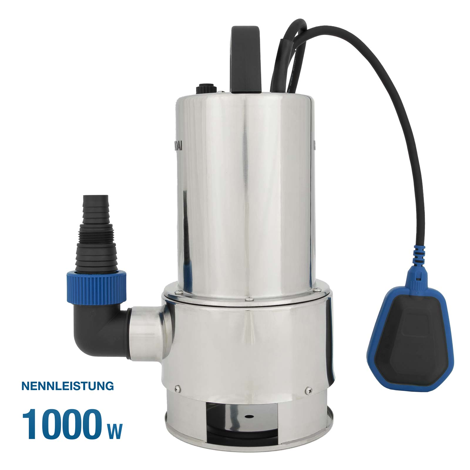 Eine Edelstahl-Tauchpumpe mit 1000W Nennleistung, schwarzem Griff, seitlichem Anschluss und blauschwarzem Schwimmerschalter.