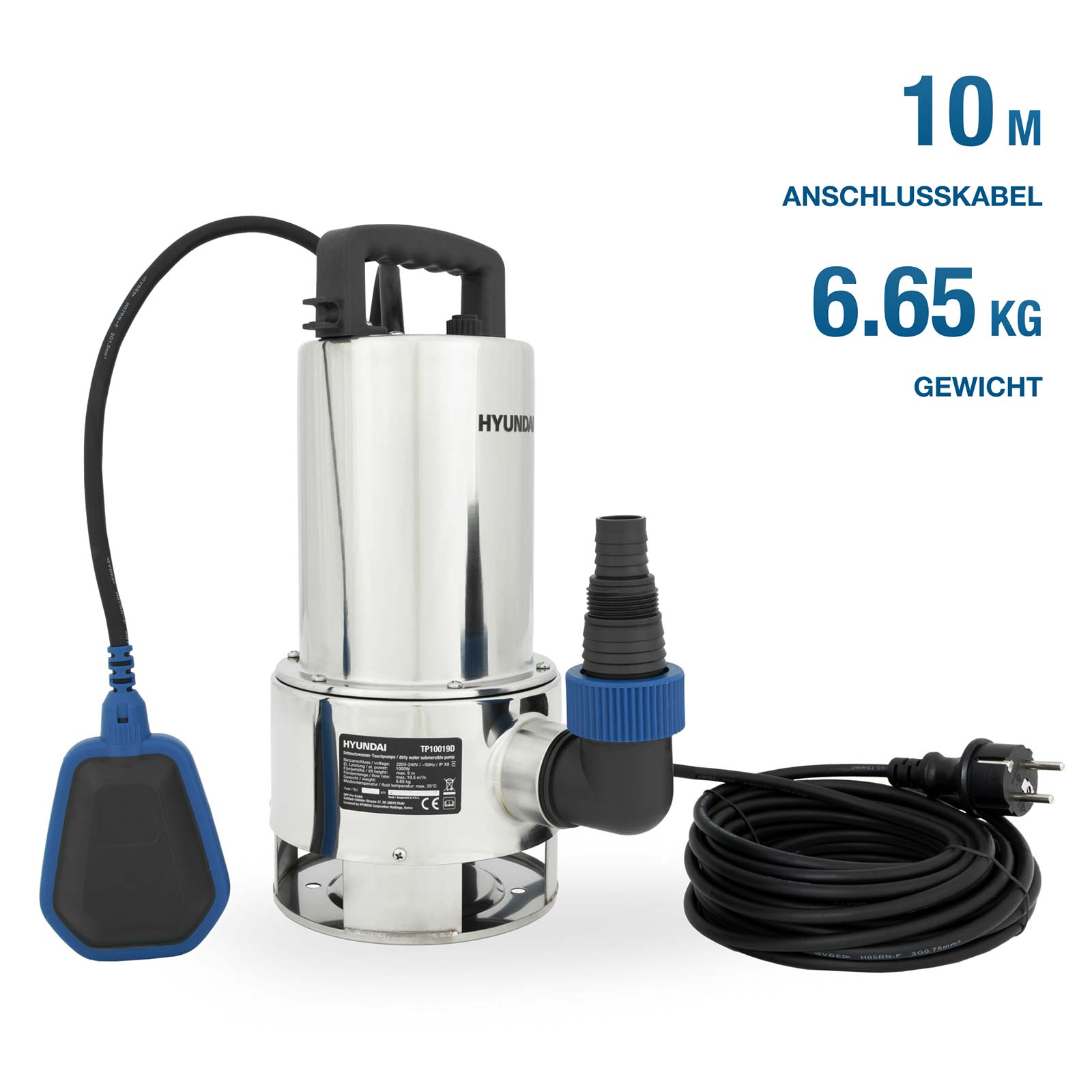 Hyundai Schmutzwasser-Tauchpumpe mit 10m Kabel und 6,65 kg Gewicht auf weißem Hintergrund.