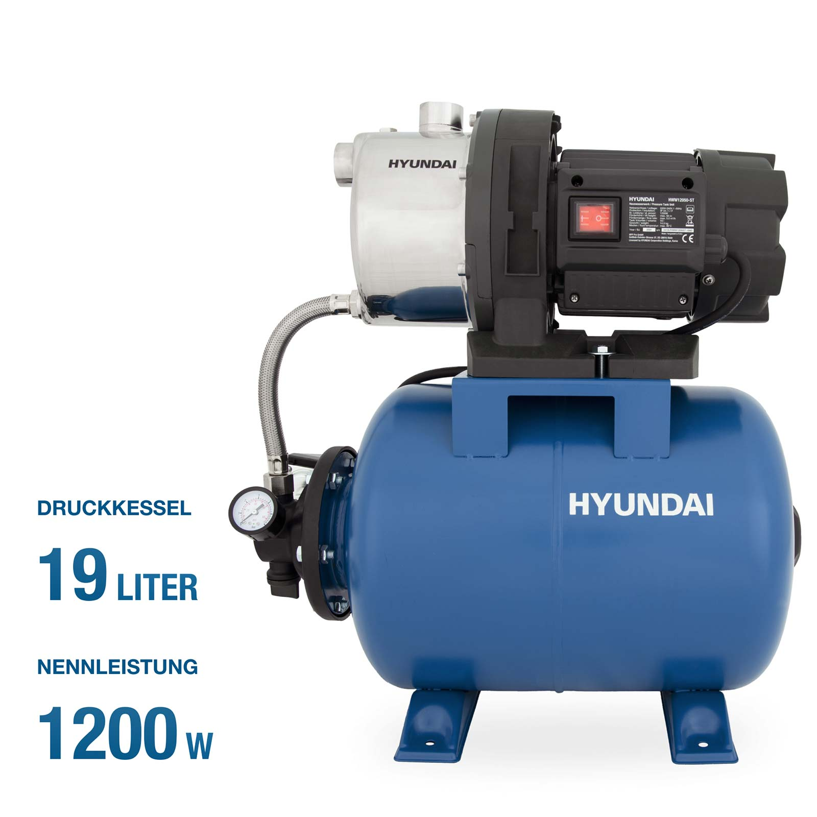Blaues Hyundai Hauswasserwerk mit 19 Liter Druckkessel und 1200 Watt Leistung auf weißem Hintergrund.