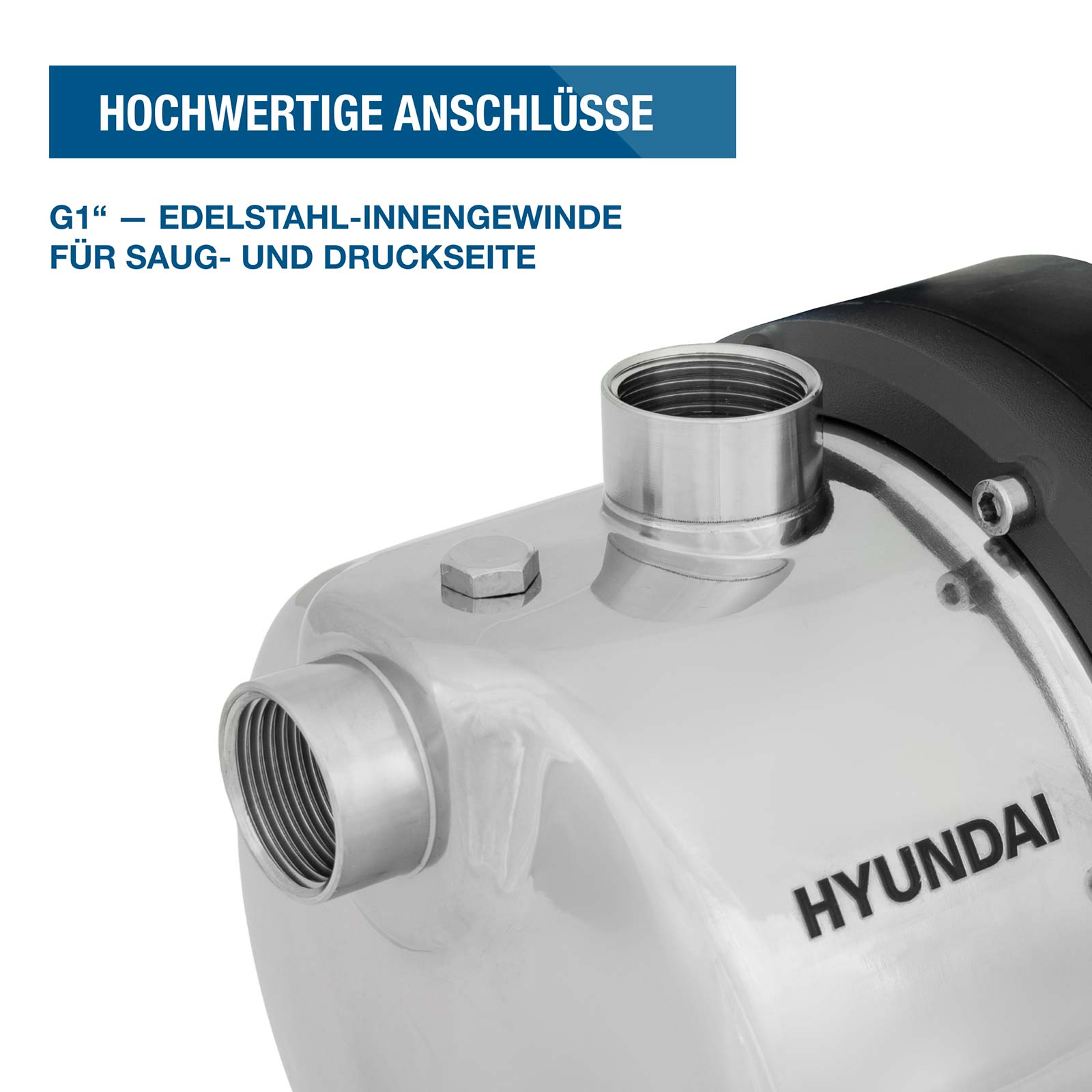 Edelstahlpumpe von Hyundai mit Gewindeanschlüssen.