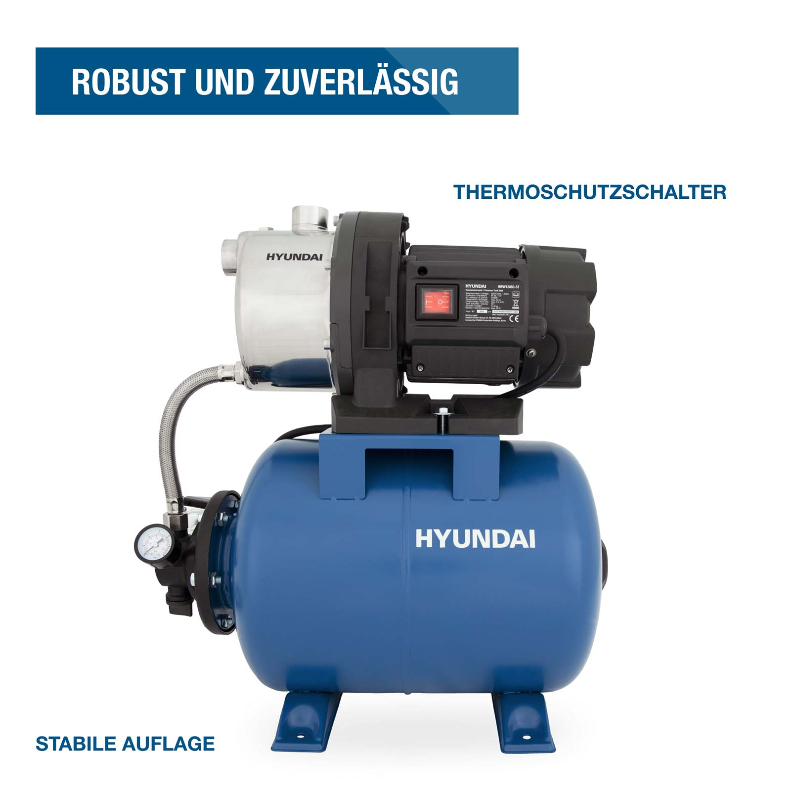 Blaue Hyundai-Hauswasserwerkpumpe mit Edelstahlkessel auf weißem Hintergrund.